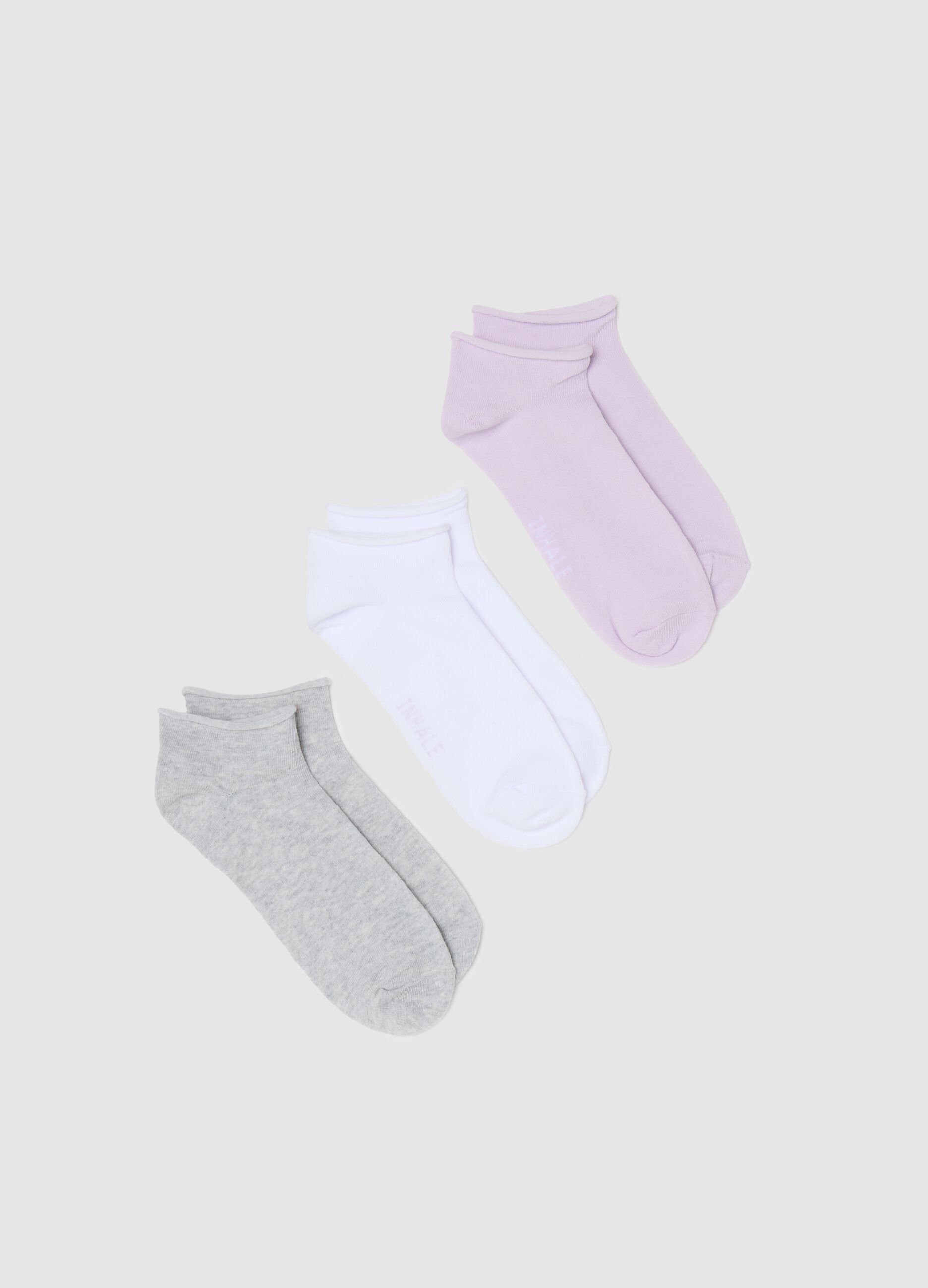 Three-pair pack white, grey and purple stretch shoe liners