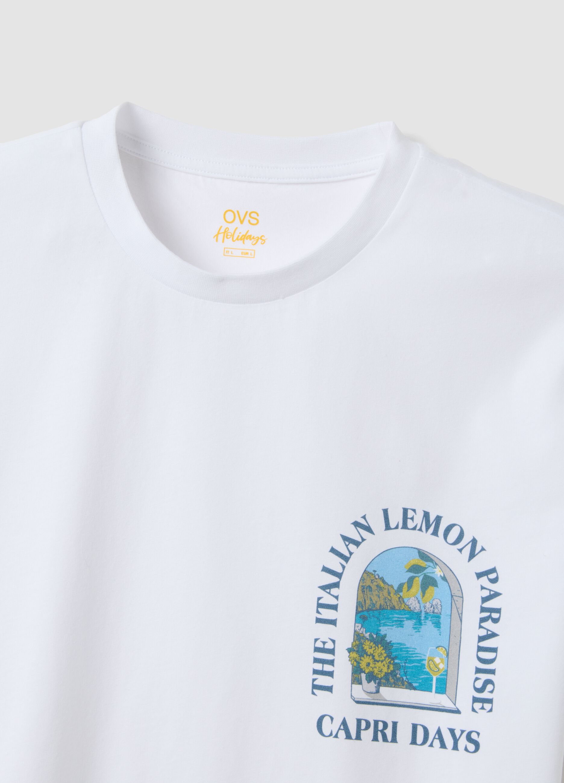 White pure cotton T-shirt with chest print, regular fit