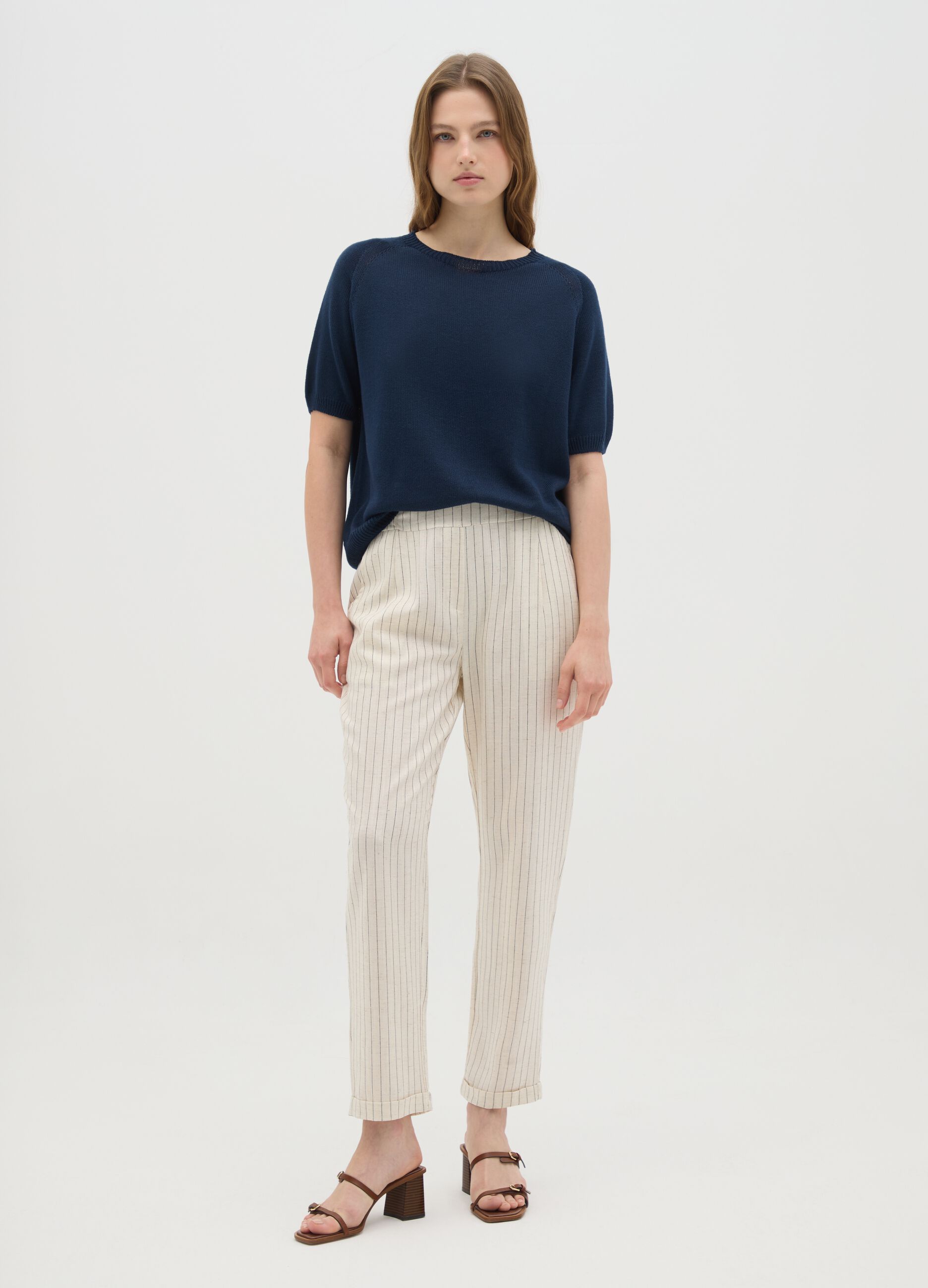 Women's white linen blend trousers regular fit