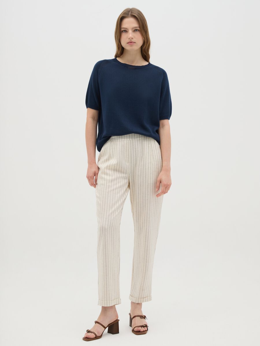 Women's white linen blend trousers regular fit_0