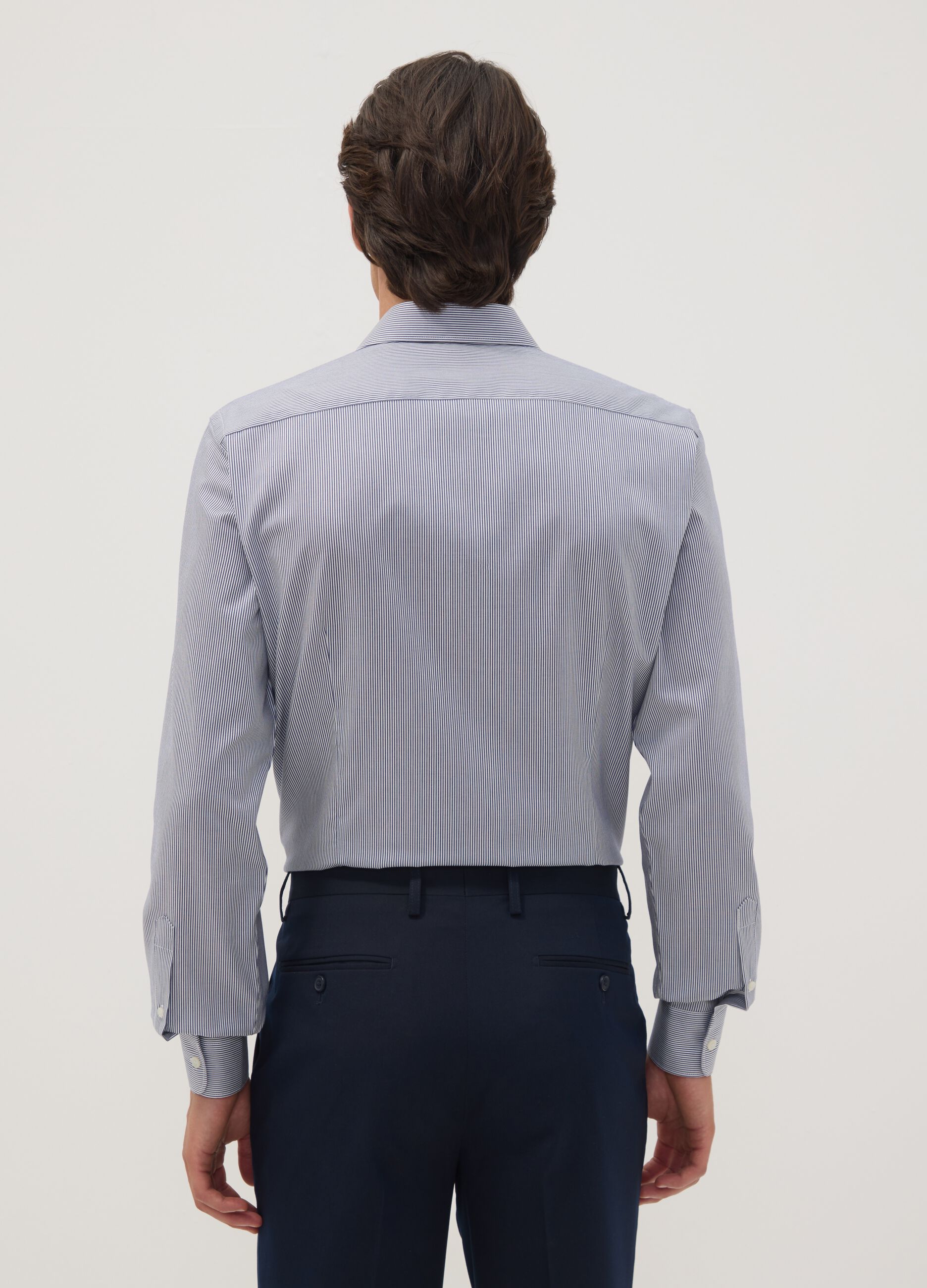 Blue pure cotton striped shirt with French collar, slim fit, non-iron