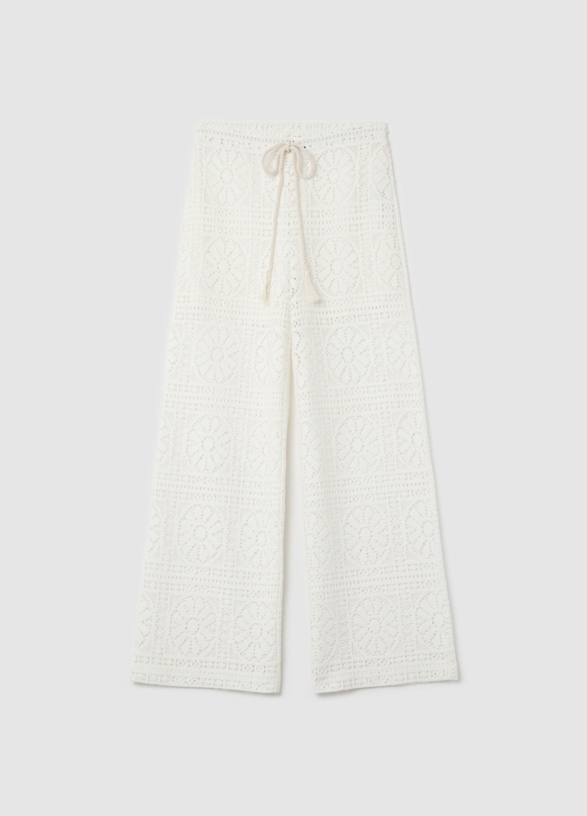 Pantalone a gamba larga in pizzo bianco
