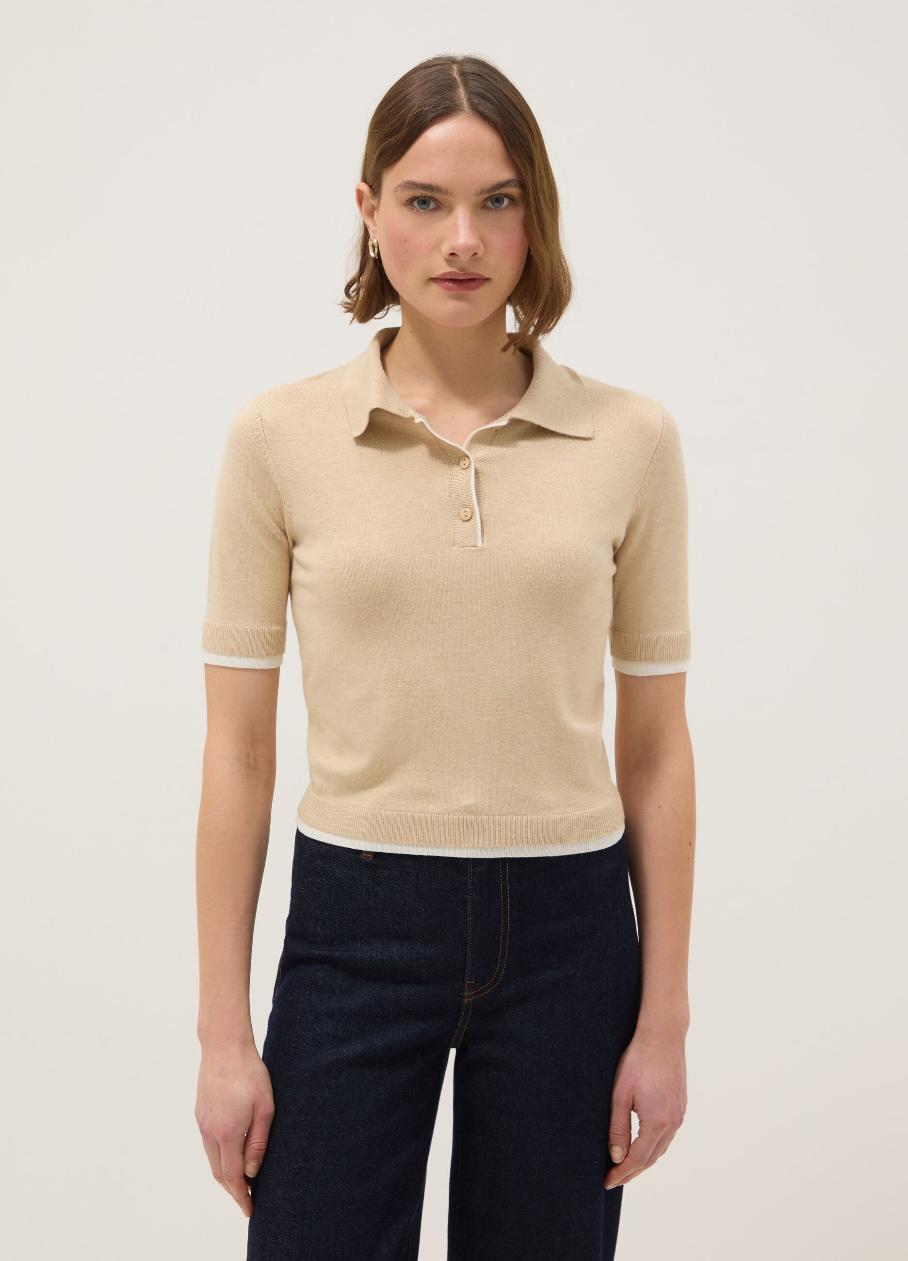 Beige Viscose Blend Polo Regular Fit