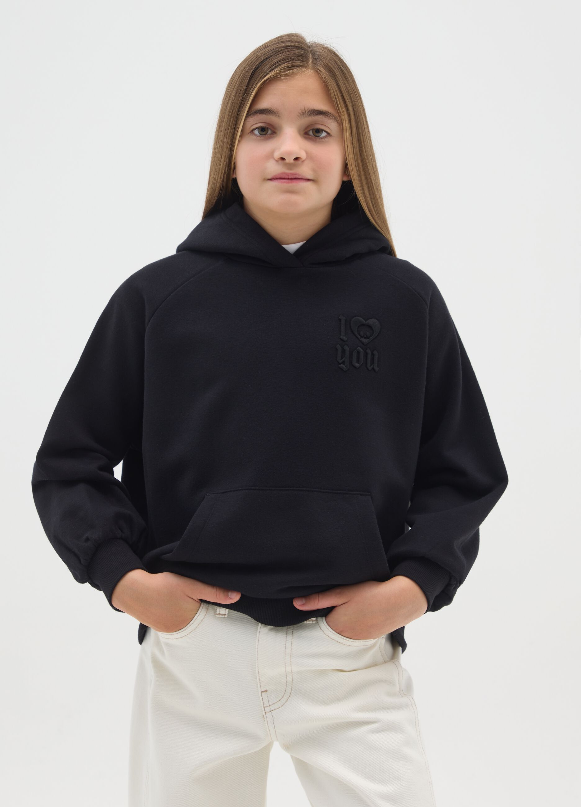 Girls' black cotton blend oversized hoodie