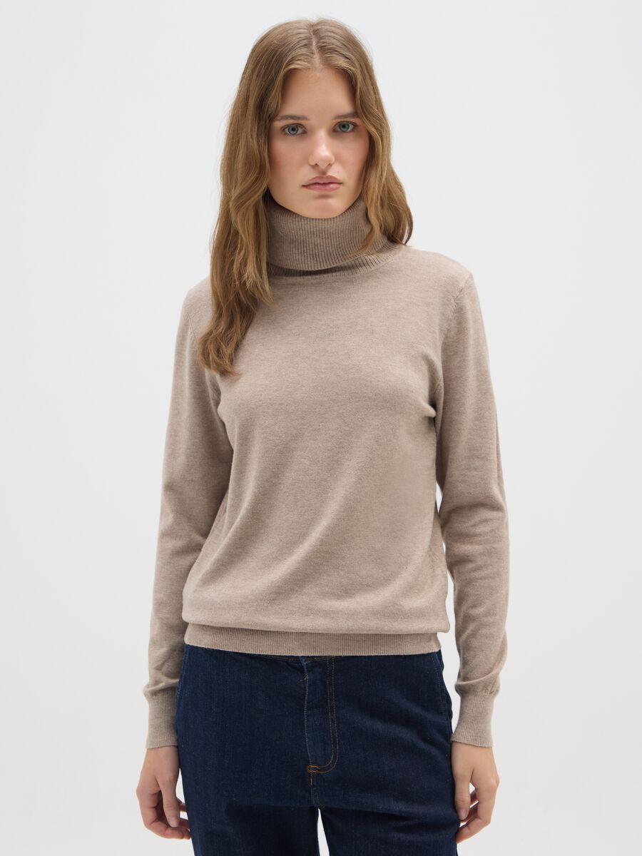 Beige turtleneck regular fit sweater_0