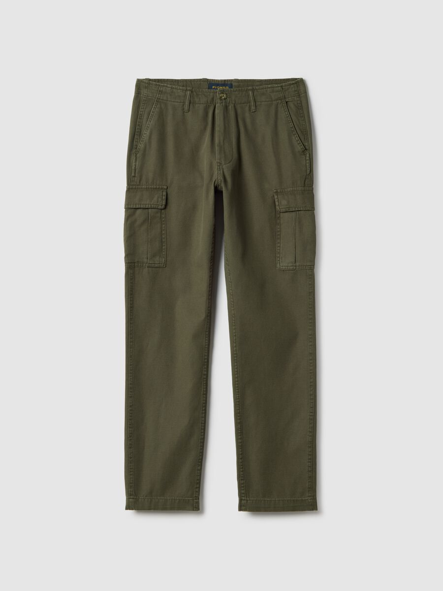 Green regular fit cotton and linen cargo trousers_4