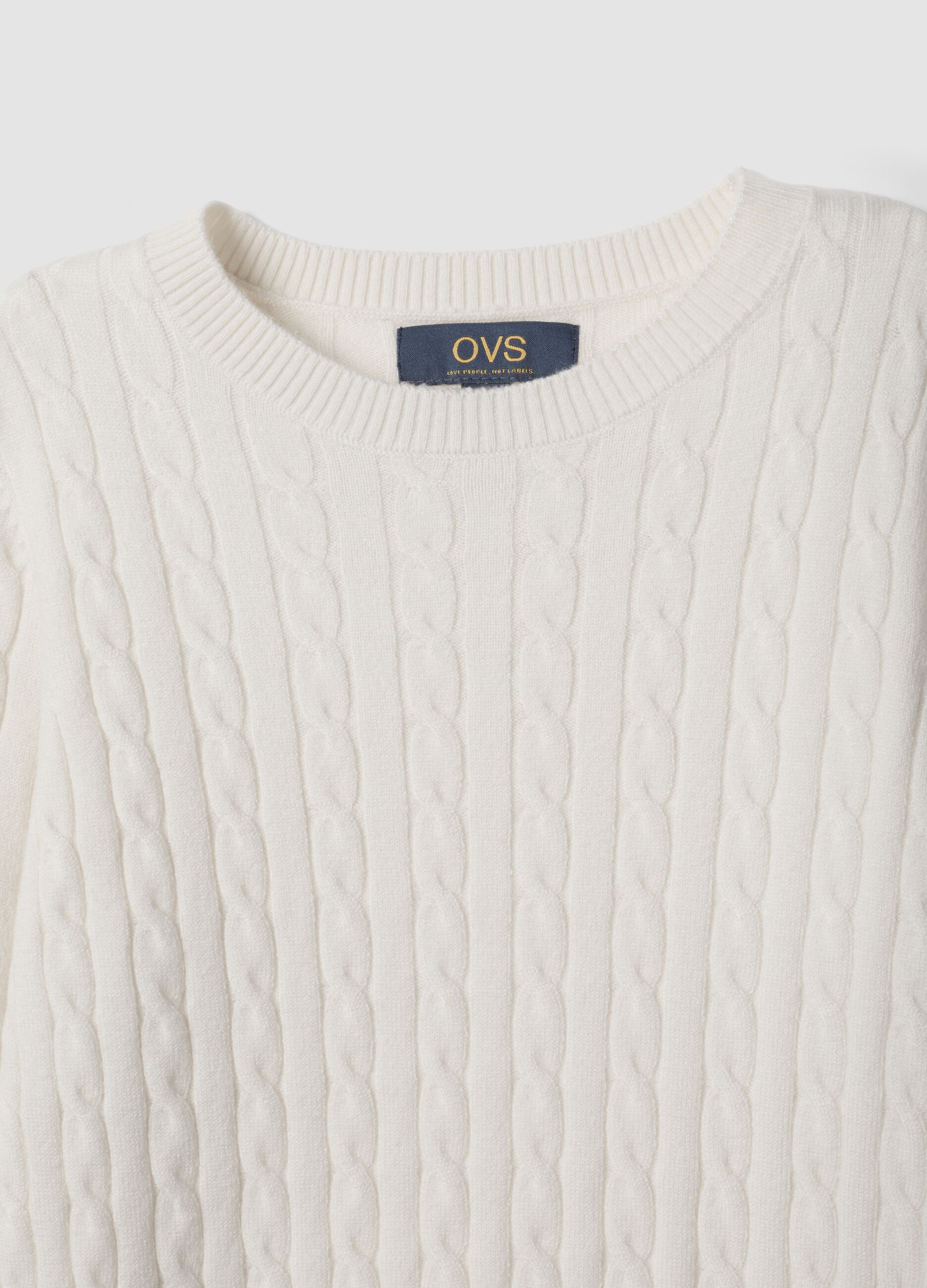 White cable-knit crew-neck jumper, regular fit