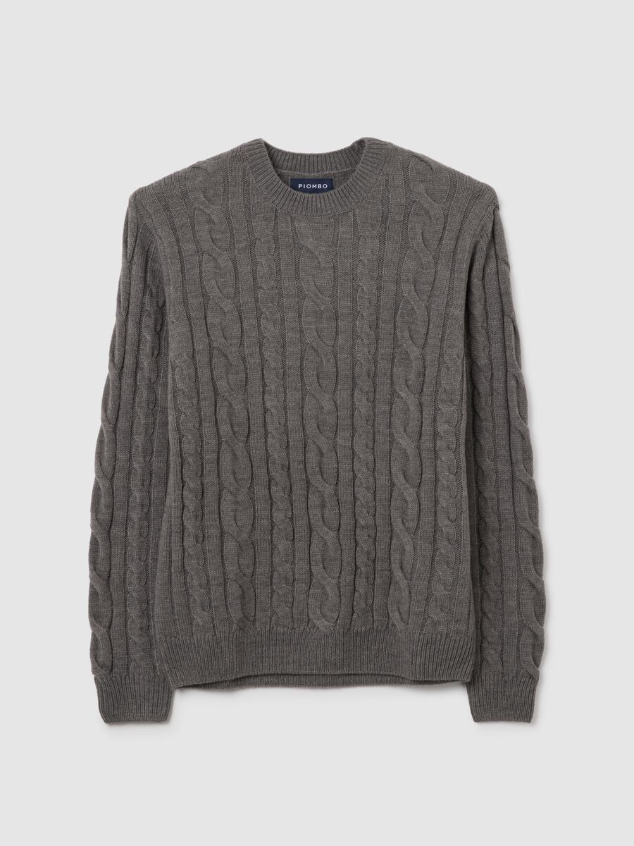 Maglione a girocollo grigio regular fit con lavorazione a trecce_0