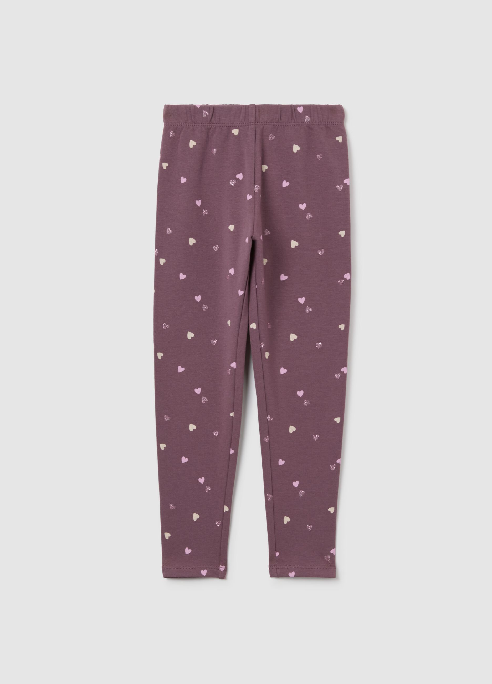 Purple Stretch Cotton Leggings with Heart Prints