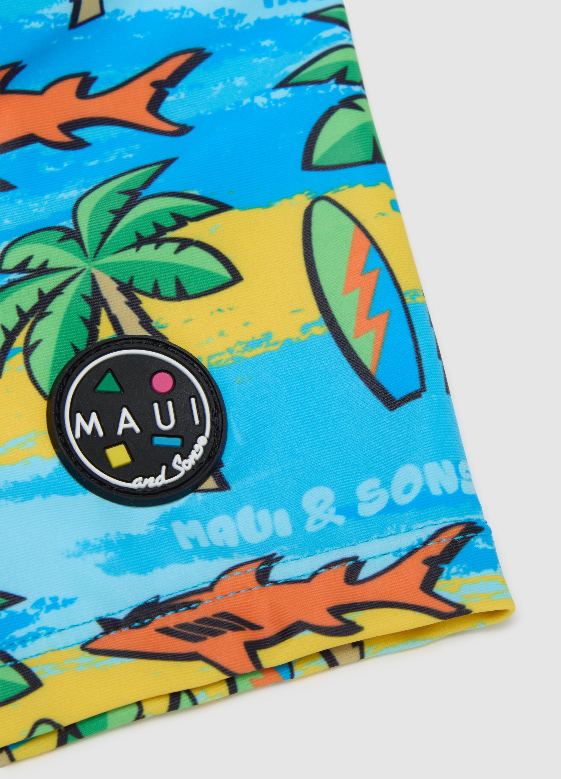 Costume da bagno da bambino in tessuto elasticizzato multicolor con stampa tropicale