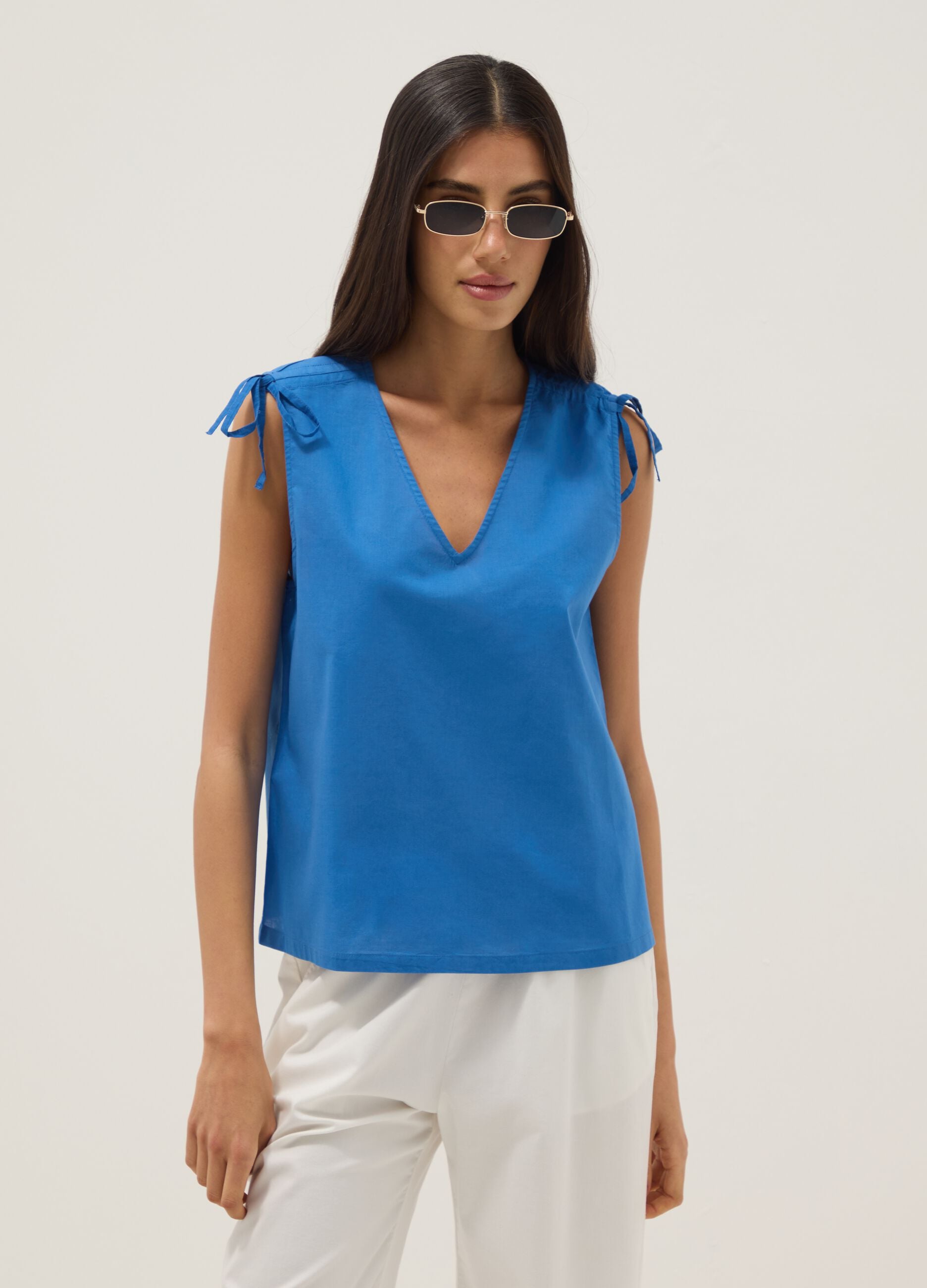 Blue pure cotton V-neck blouse