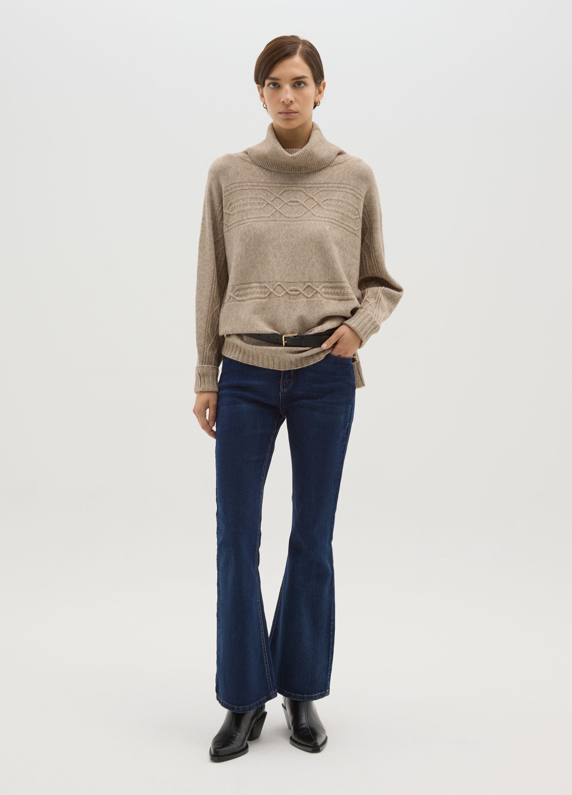 Beige regular fit jumper with high neck