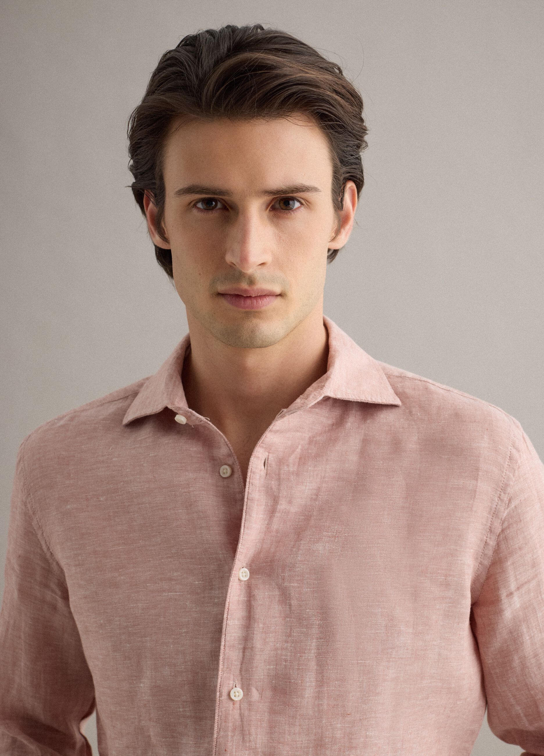 Slim Fit Long Sleeve Pink Pure Linen Shirt