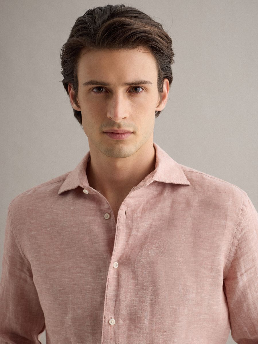 Camicia a maniche lunghe in puro lino rosa slim fit_3
