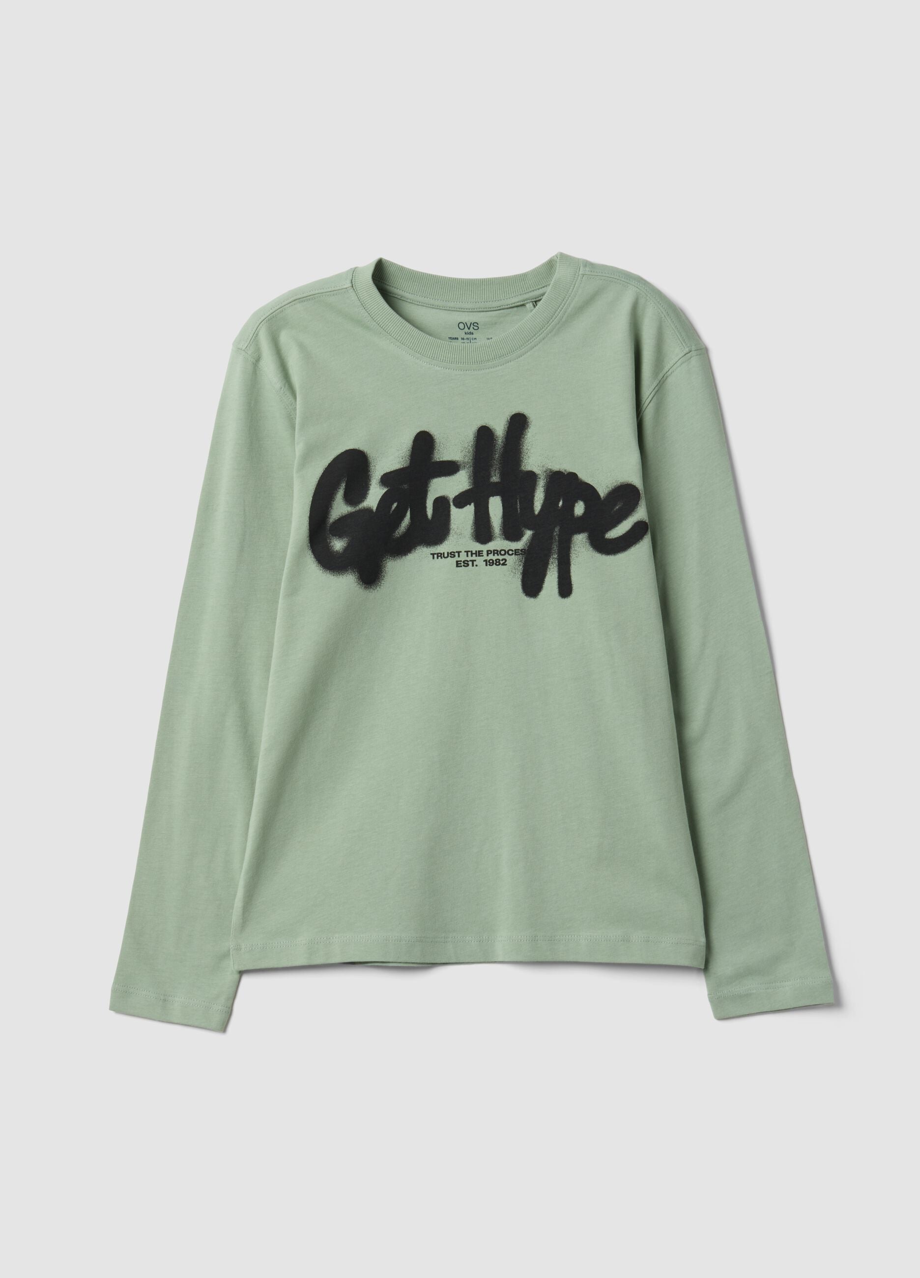 T-shirt verde in puro cotone organico con stampa "Get Hype" per ragazzo