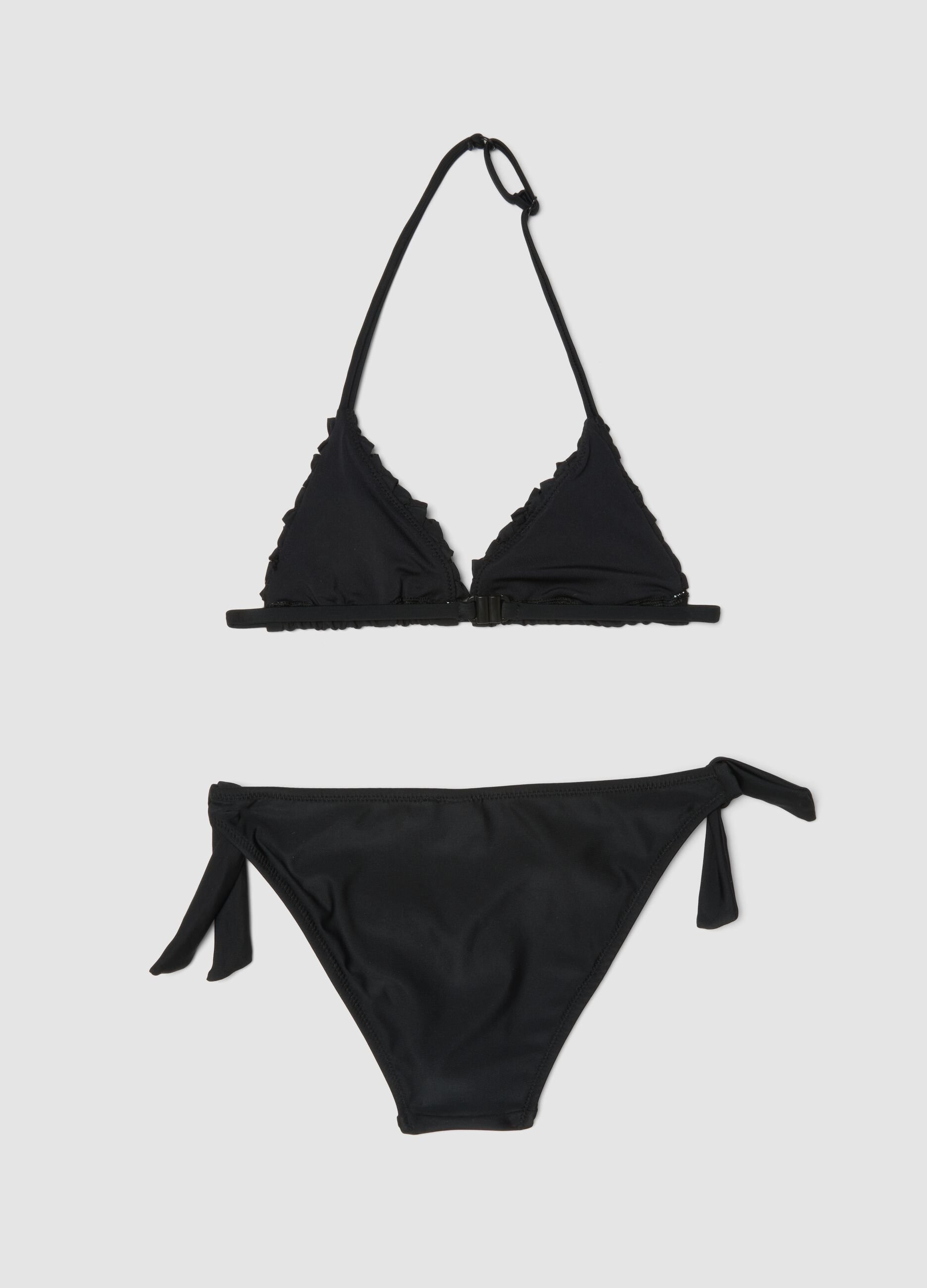 Black triangle bikini in stretch fabric with frills