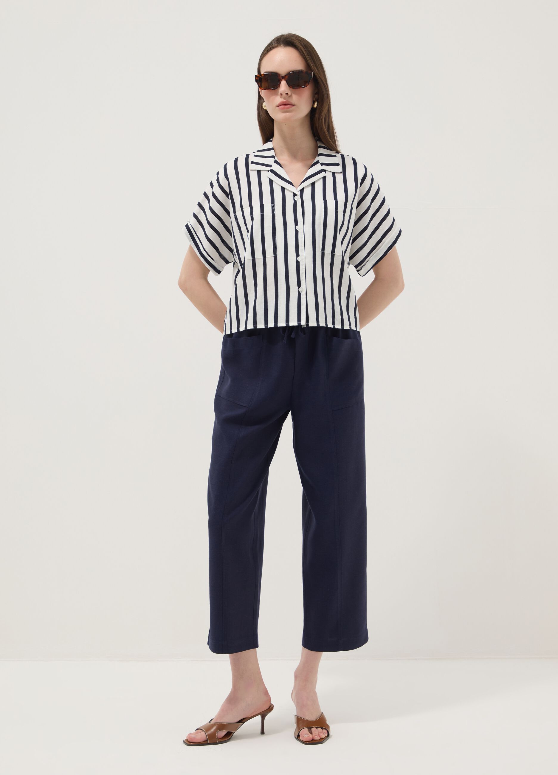 Blue viscose and linen blend straight-leg trousers with drawstring