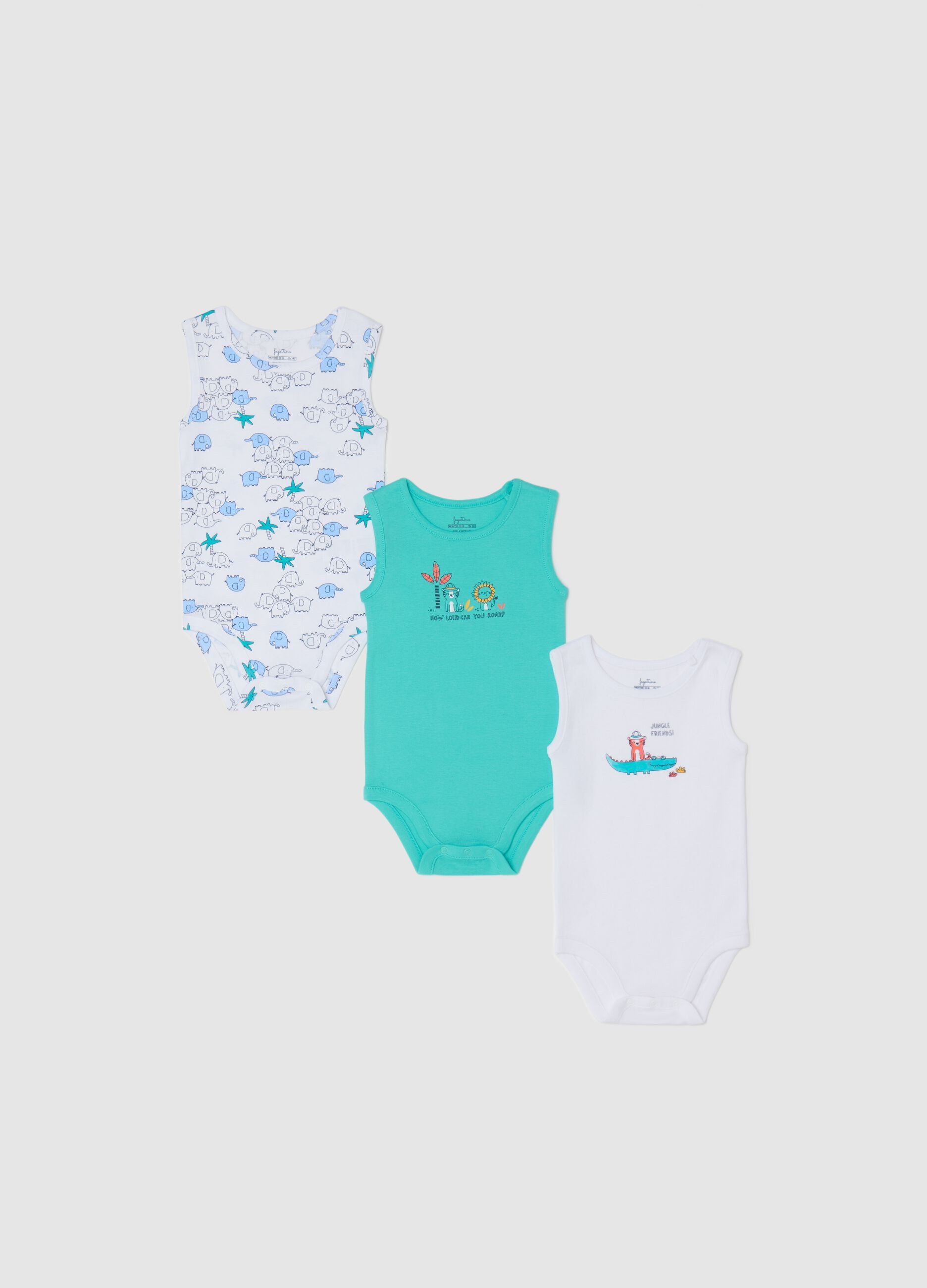 Three-pack white and green sleeveless bodysuits in organic cotton with print