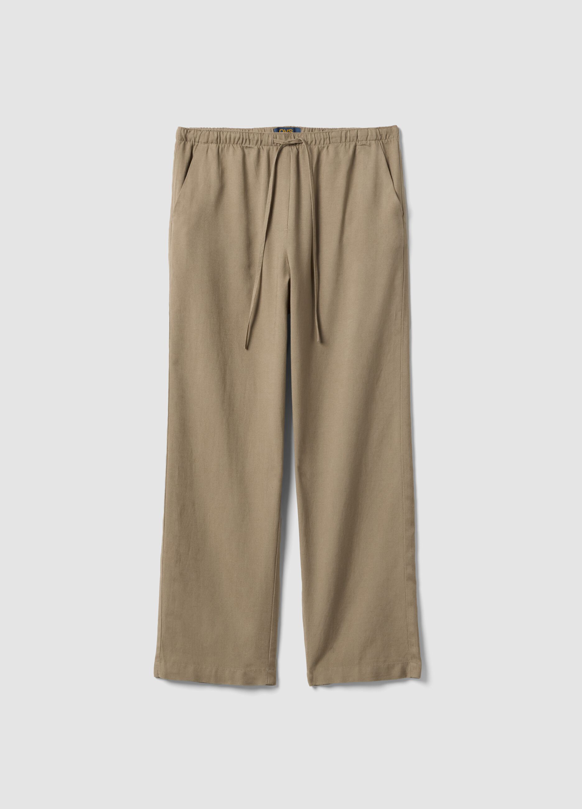 Beige viscose and linen blend straight-fit trousers with drawstring