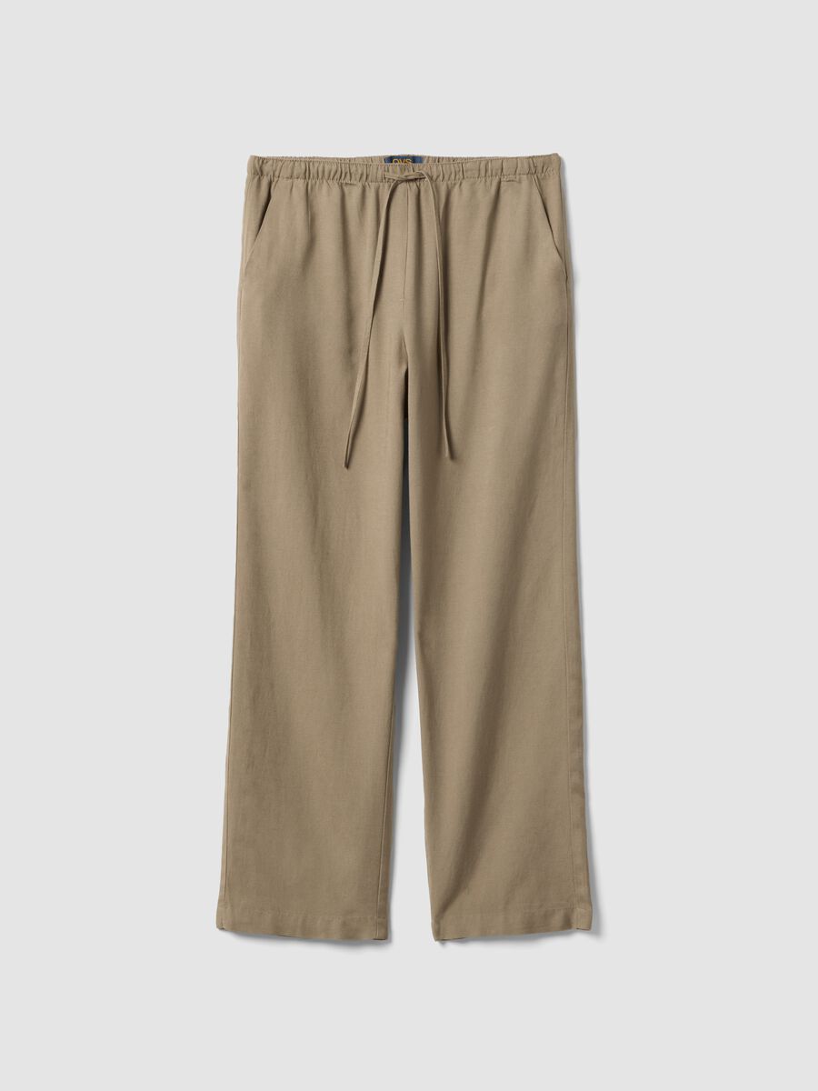 Beige viscose and linen blend straight-fit trousers with drawstring_0