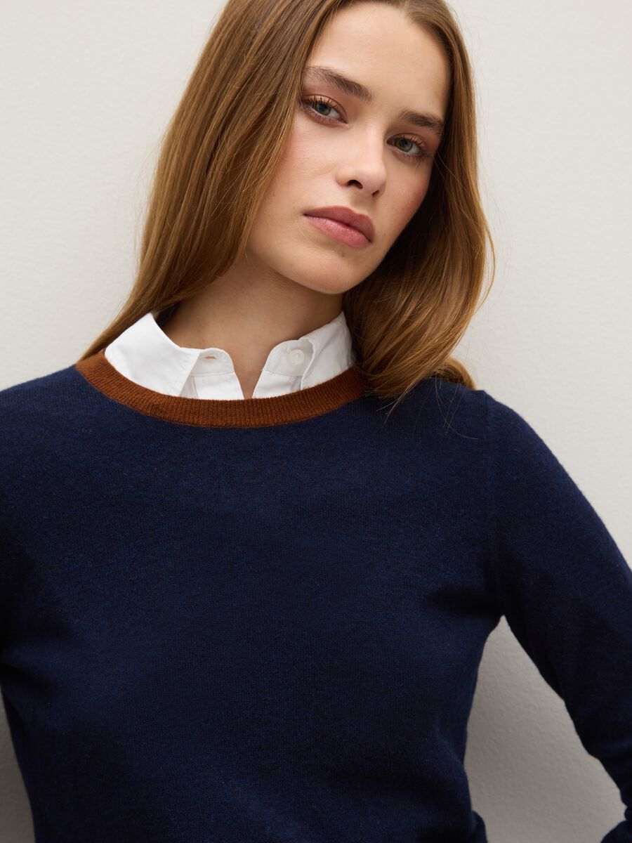 Pure Blue Wool Jumper with Contrast Cuffs_3