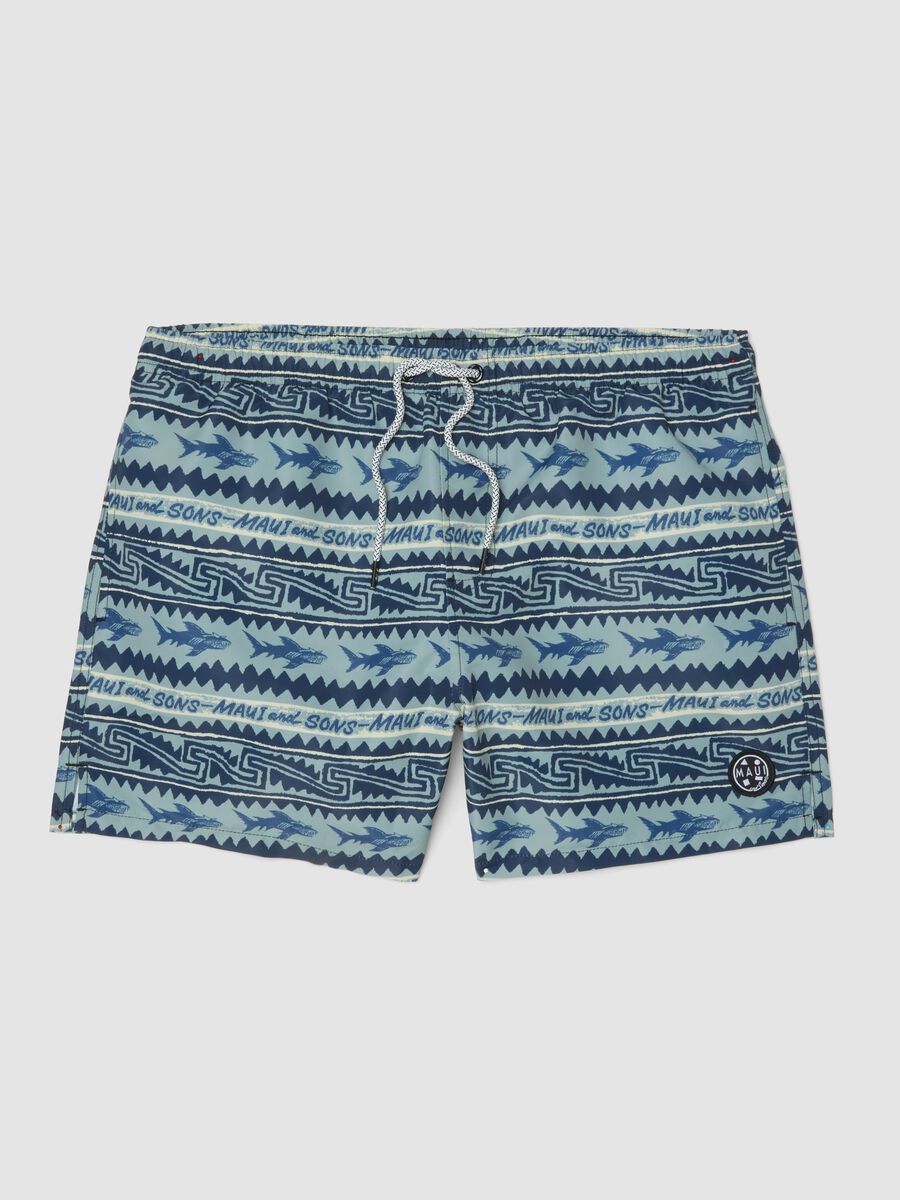 Boxer da mare multicolor con squali e fantasie geometriche_4