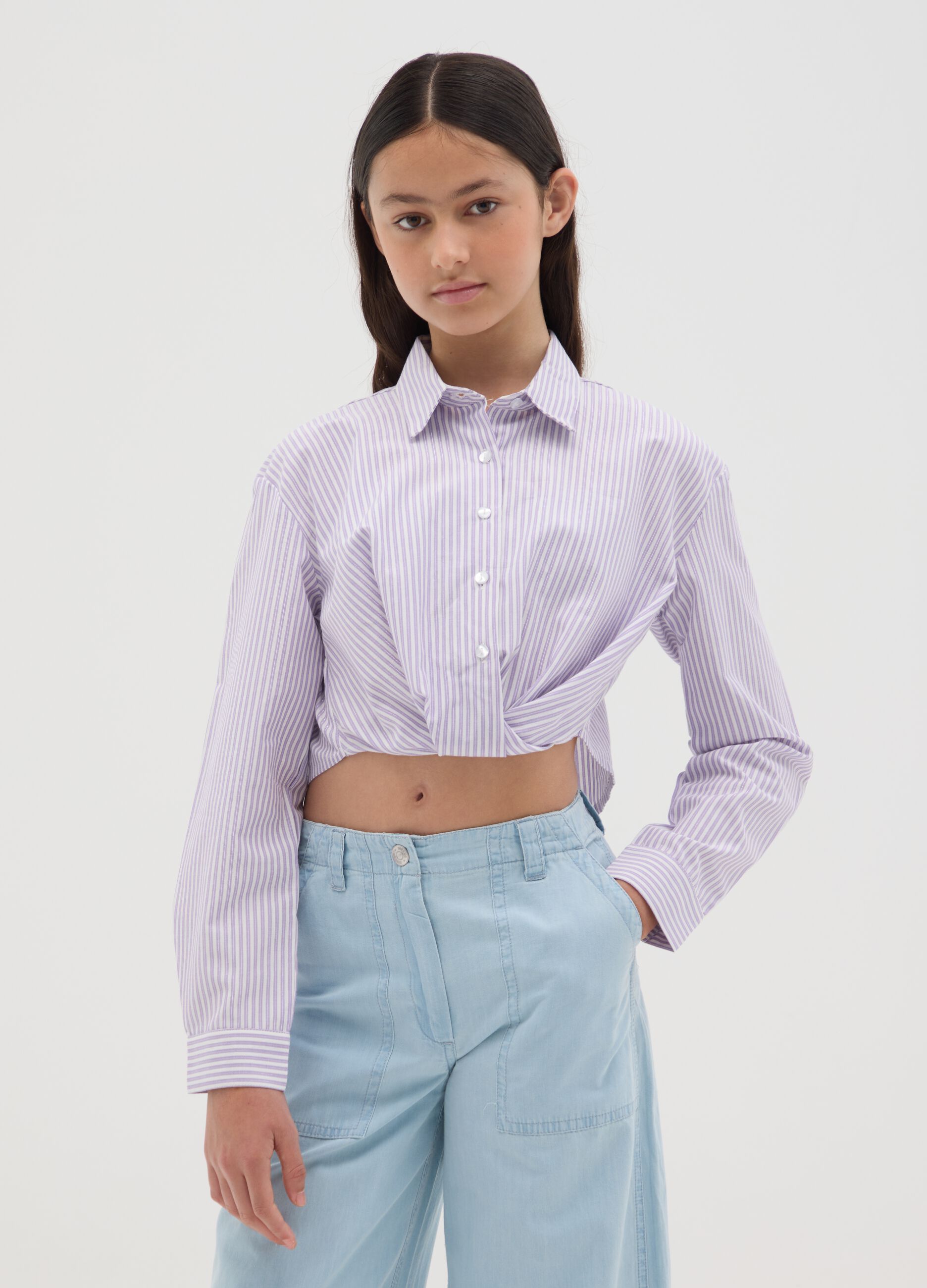Girls’ cropped shirt in multicoloured cotton with regular fit