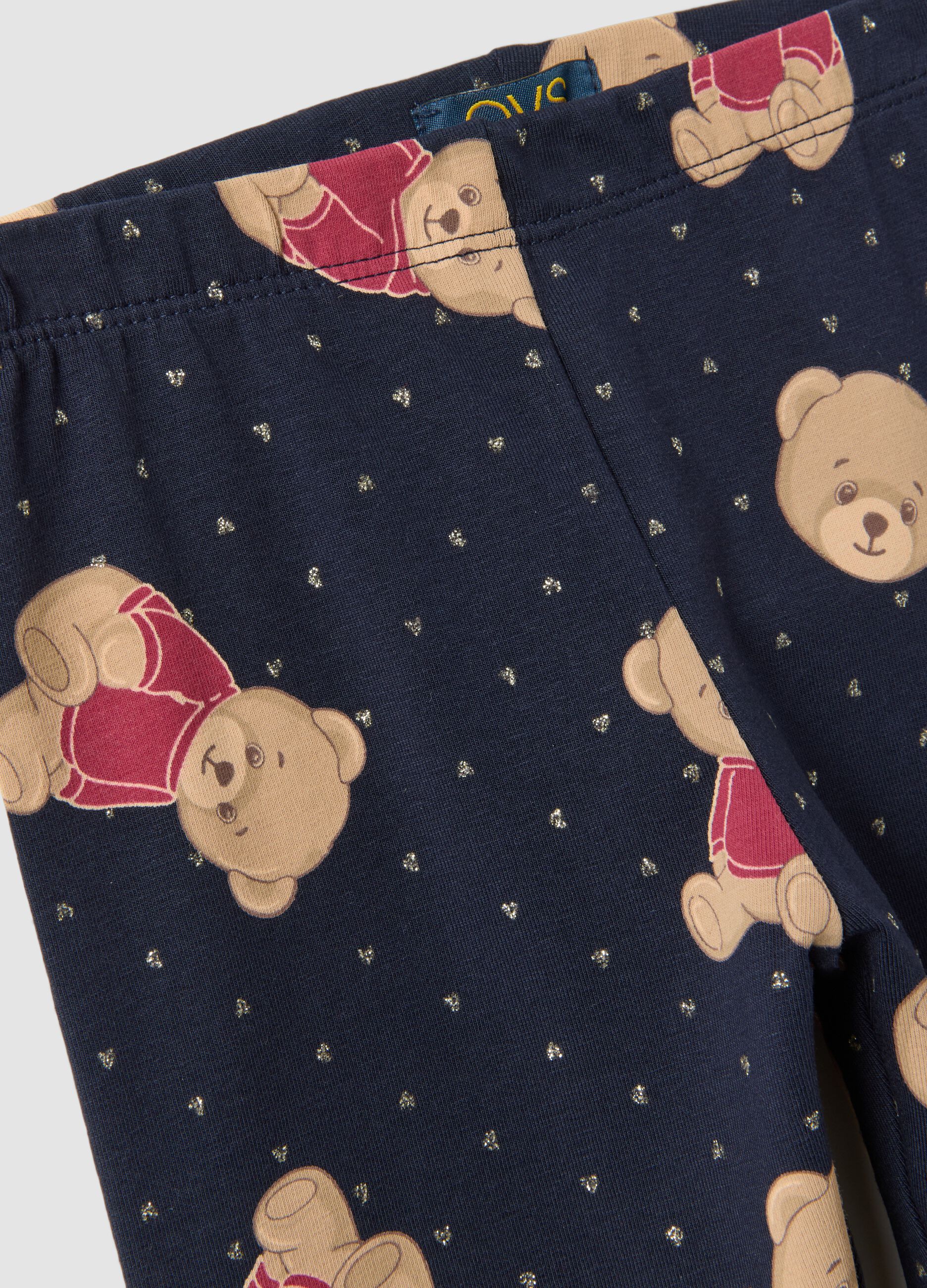 Leggings blu in cotone organico elasticizzato con stampa orsetti per bambina