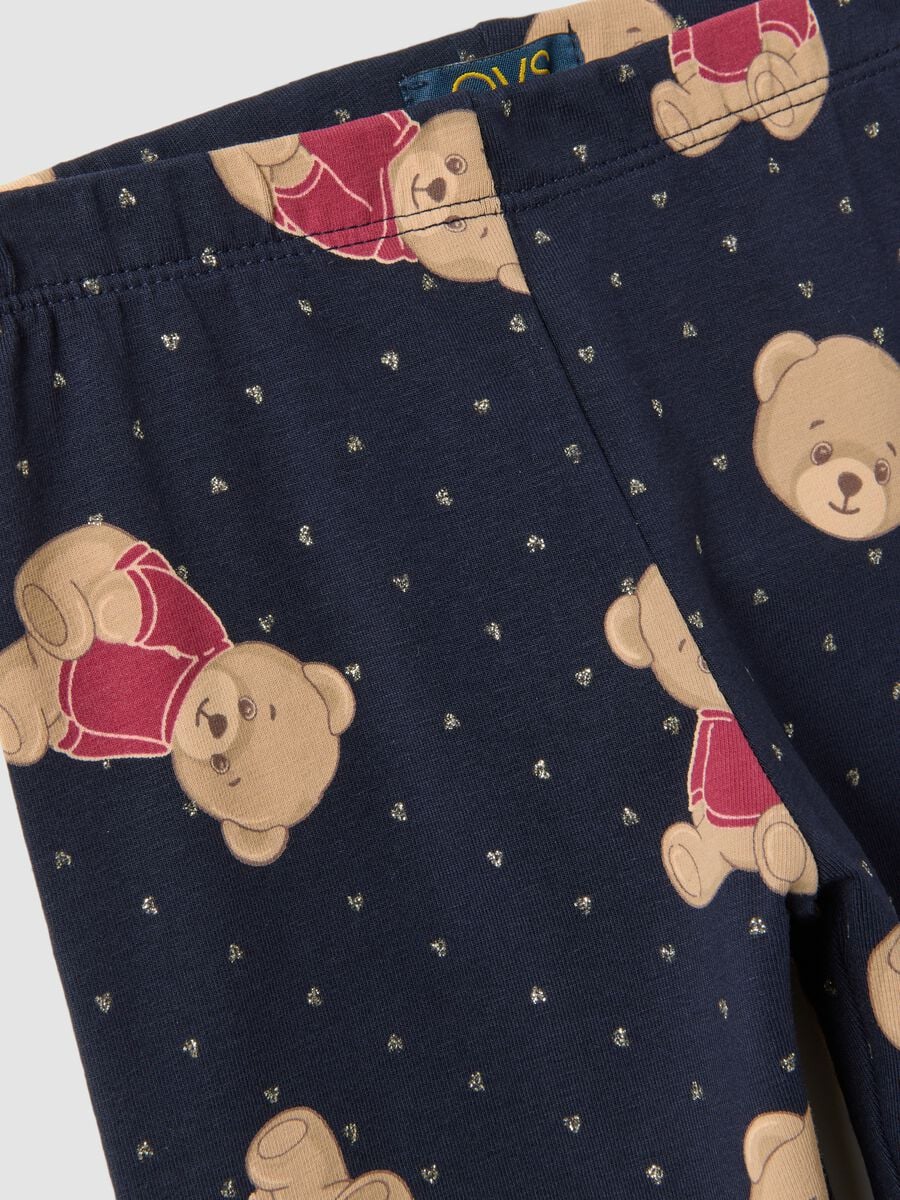 Leggings blu in cotone organico elasticizzato con stampa orsetti per bambina_2