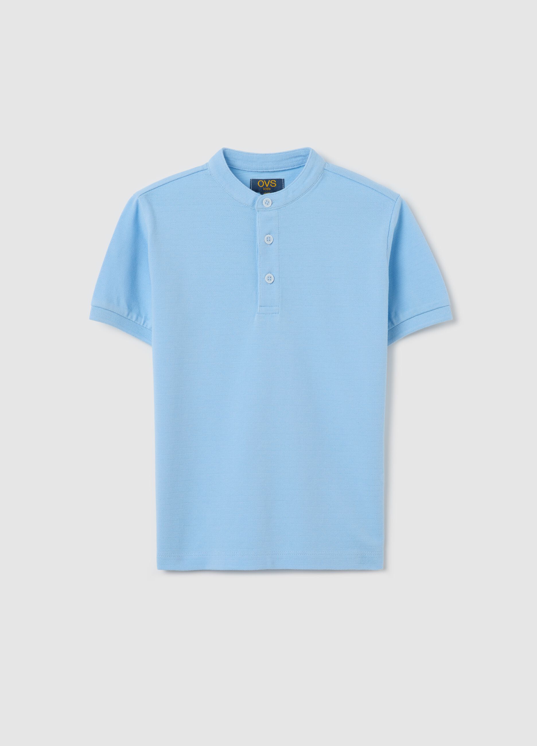 Polo azzurra in cotone con collo alla coreana