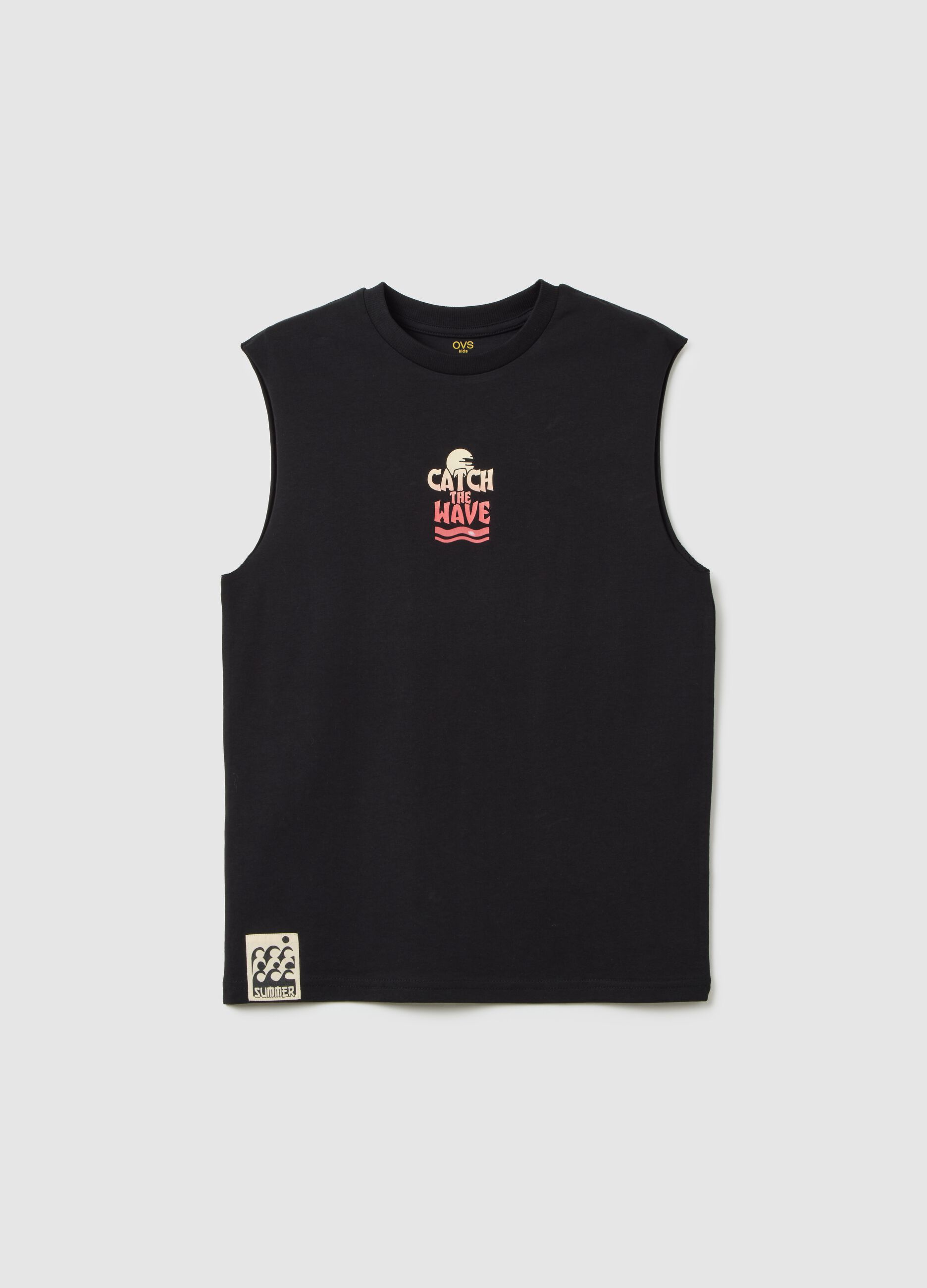 Boys' black pure cotton regular fit vest with print