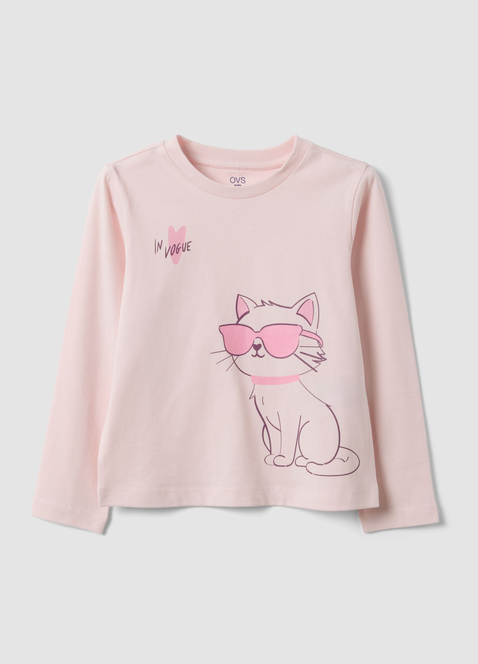 Pink organic cotton T-shirt with kitten print for girls