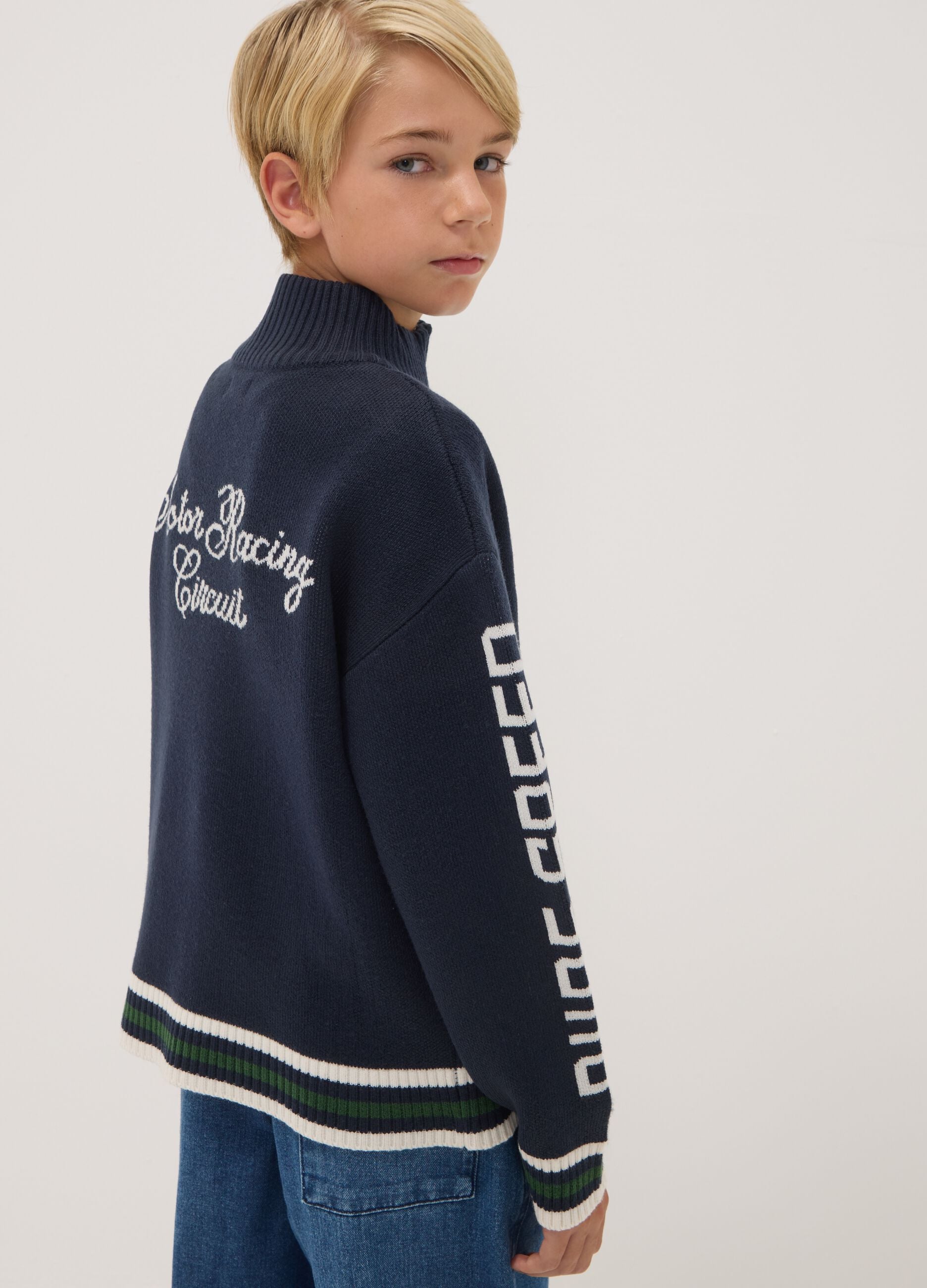 Blue zip-up cardigan with racing embroidery