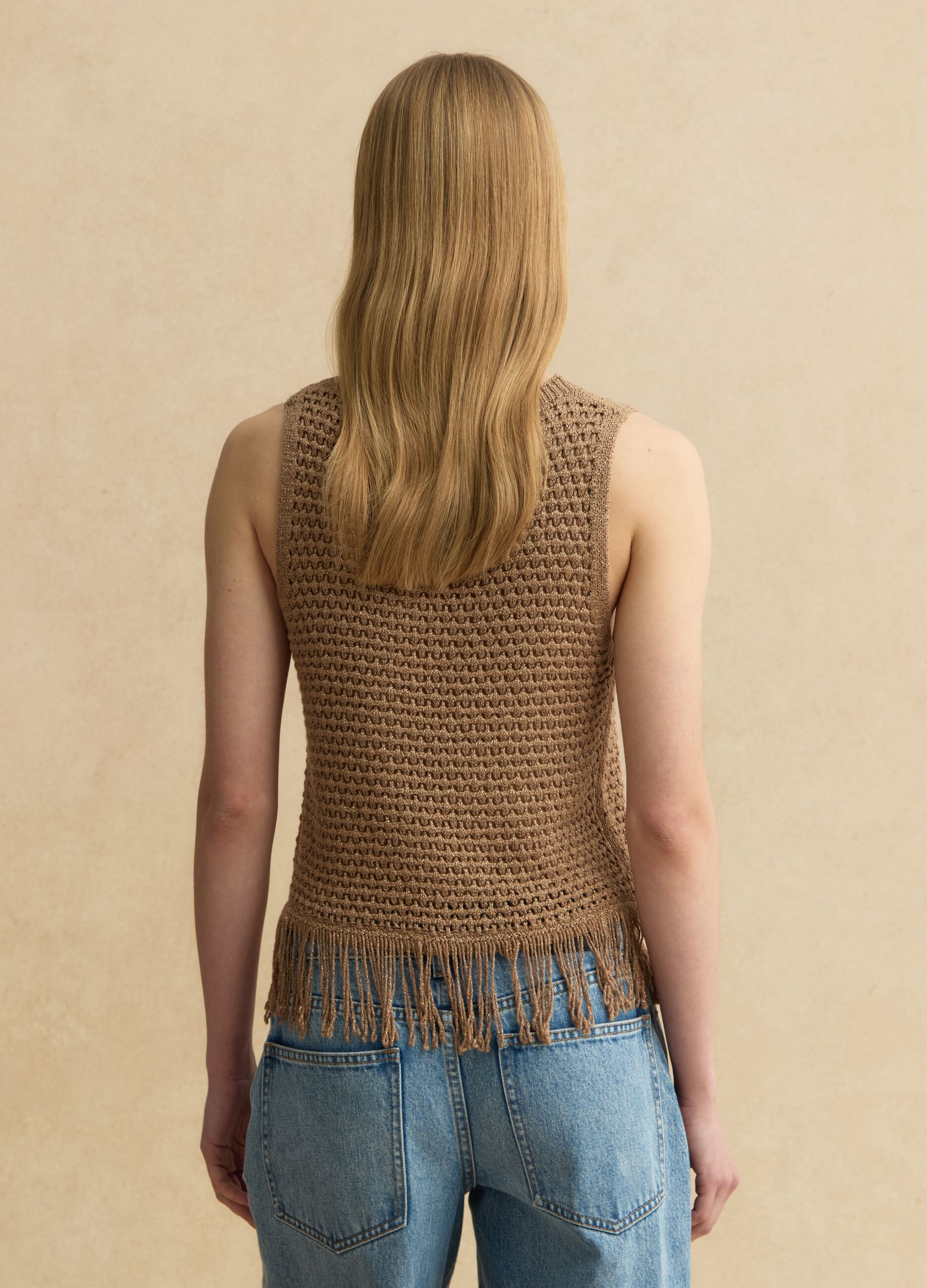 Brown viscose-blend mesh tank top with fringe