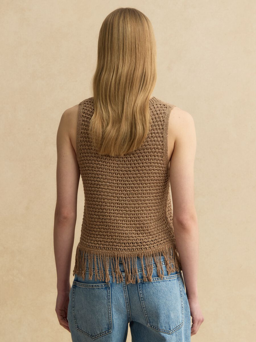 Brown viscose-blend mesh tank top with fringe_3