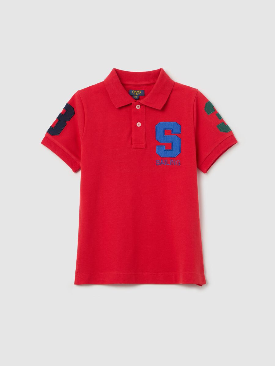 Cotton polo shirt with patch and "Yacht Club" embroidery_0
