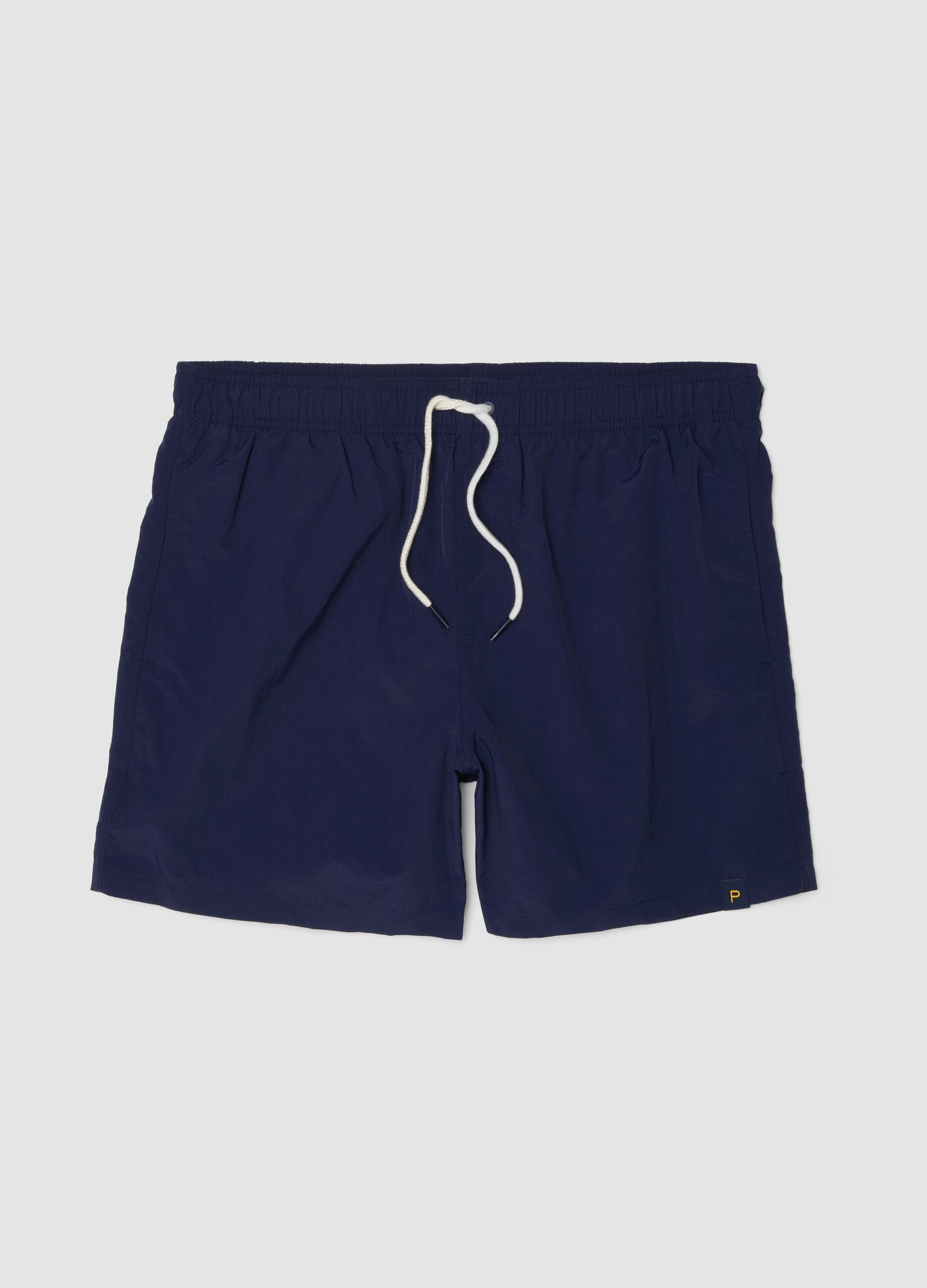 Blue swim shorts with elasticated waistband and drawstring