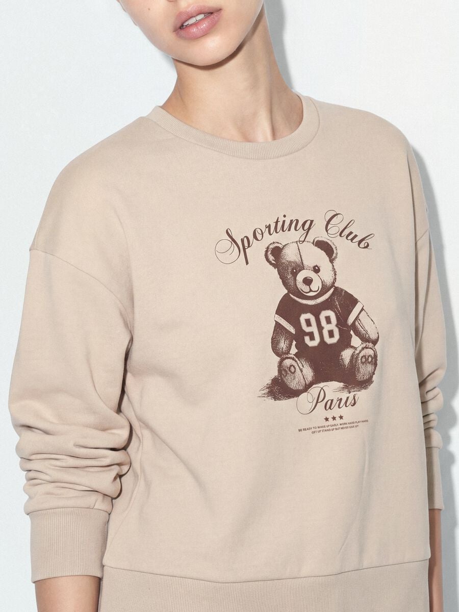 Felpa beige in misto cotone con girocollo e stampa teddy_3