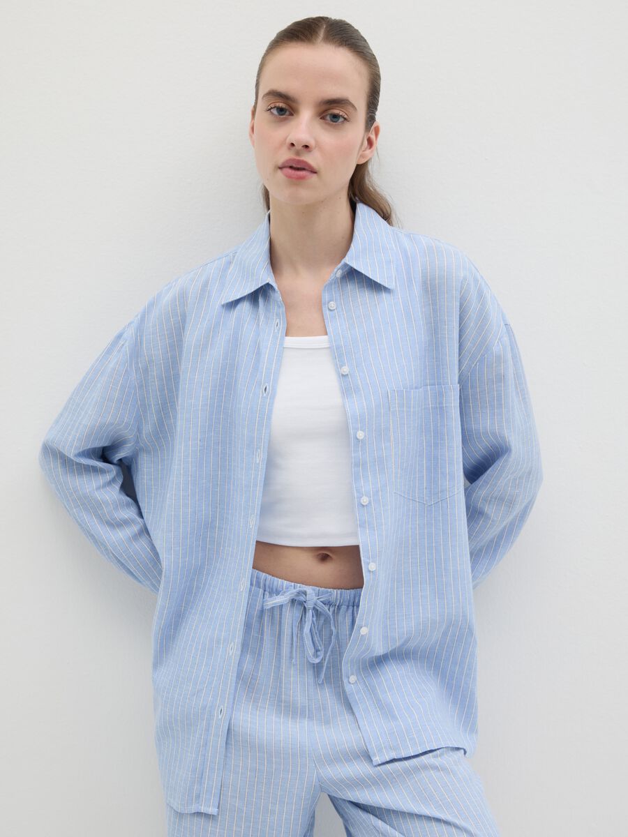 Women's oversized shirt in blue viscose and linen blend regular fit_0