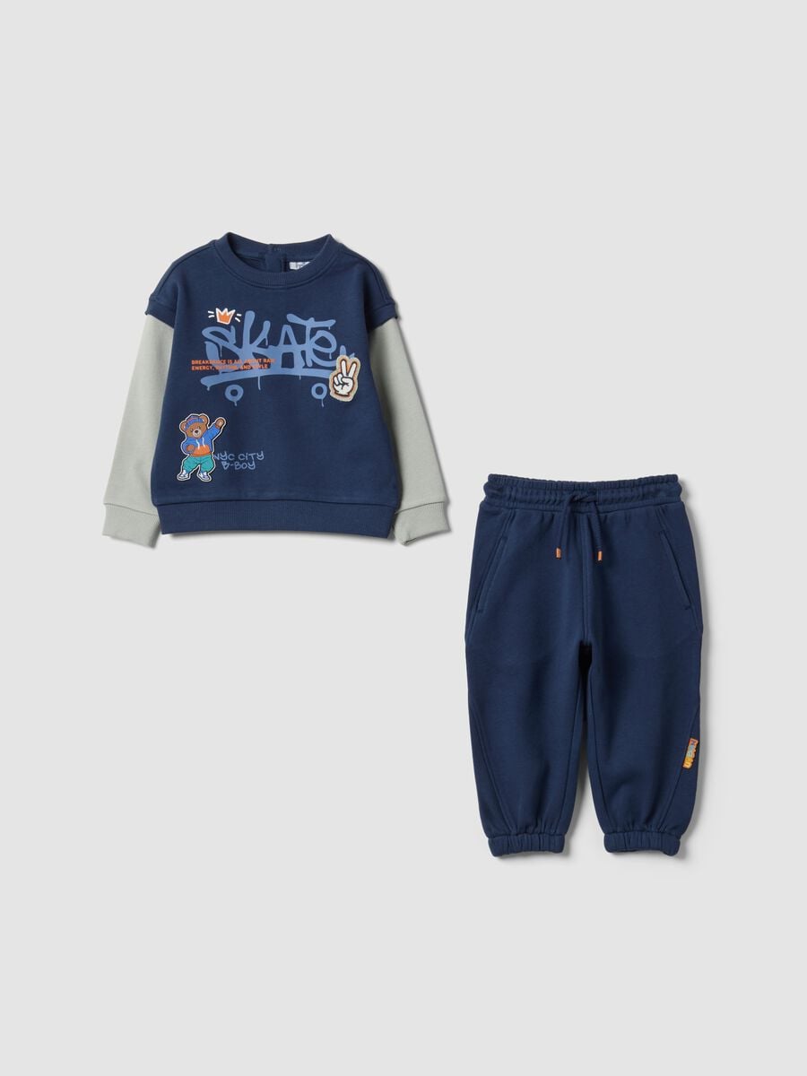 Completo jogging blu in puro cotone per bimbo con stampa skate_0