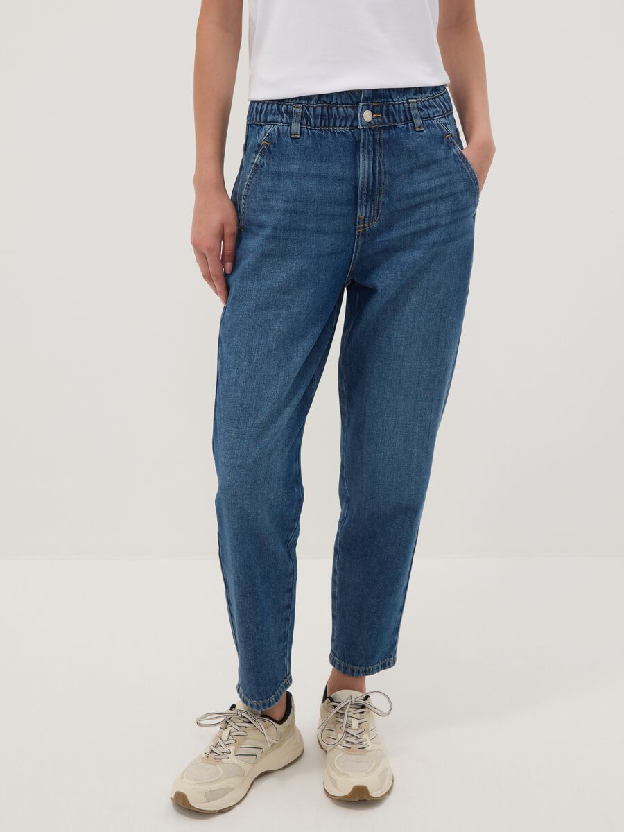 Jeans denim blu in puro cotone con vita paperbag baggy fit_1