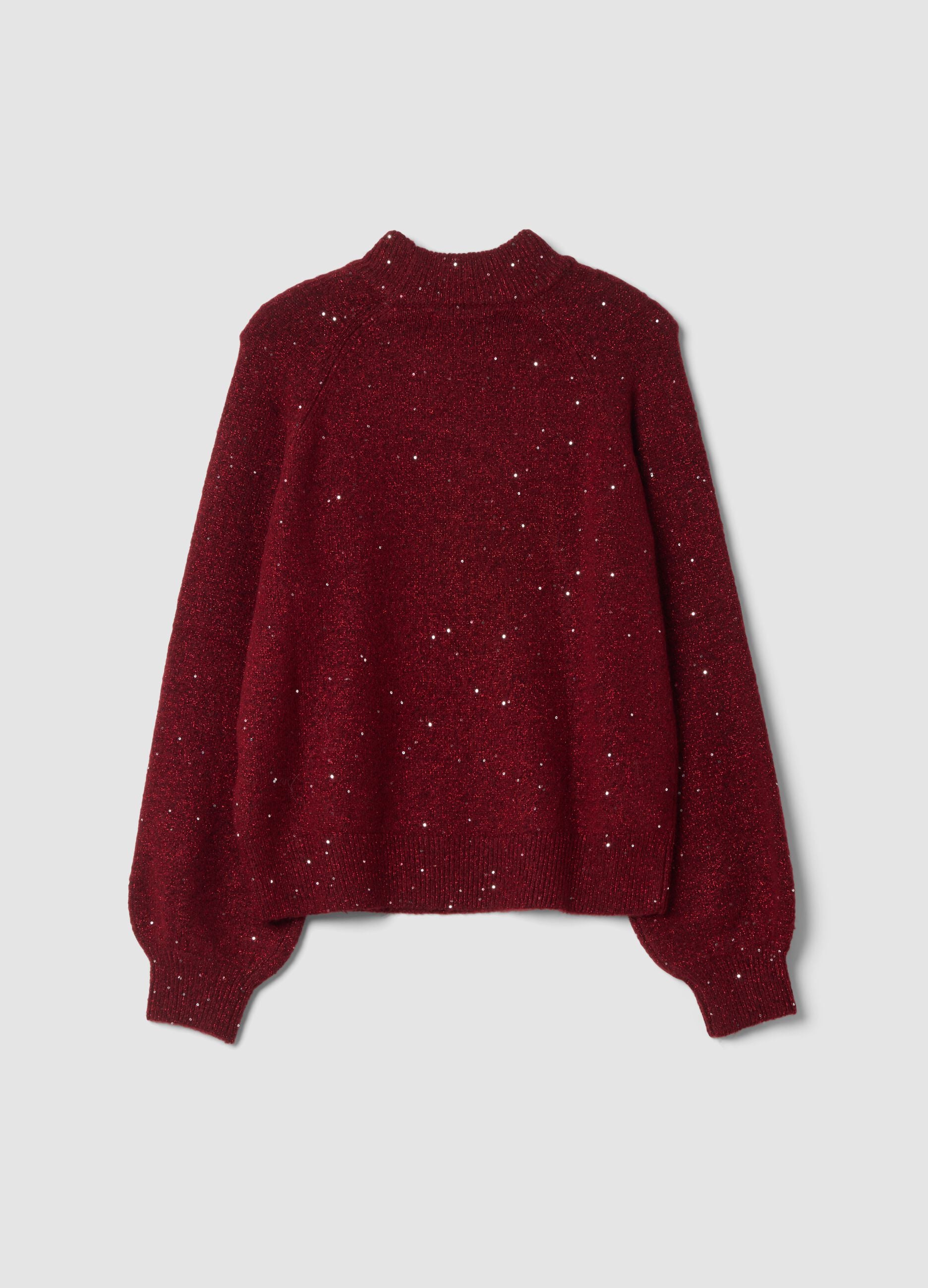 Red stretch top with high neck and sequins