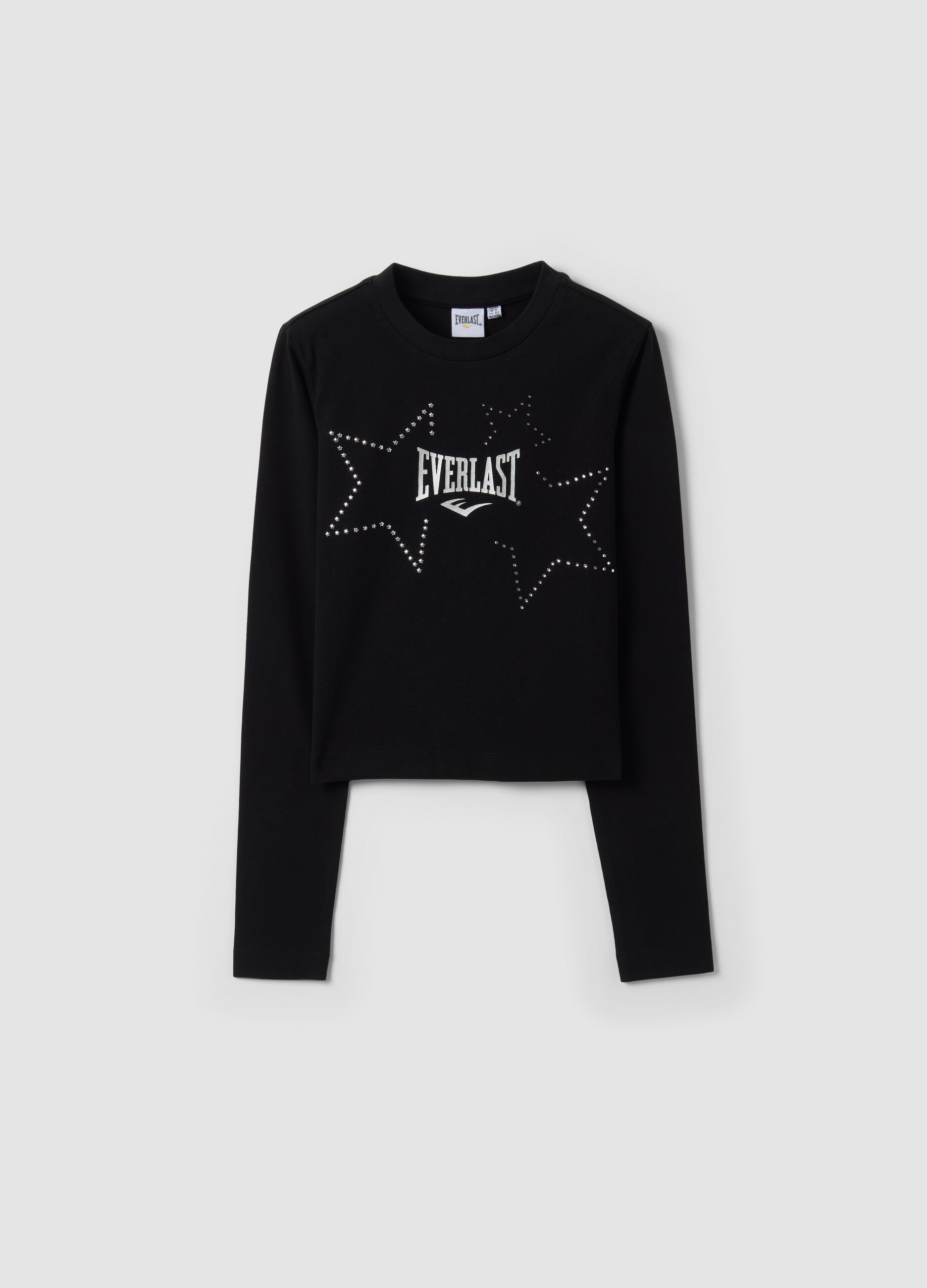 Black pure cotton T-shirt with applied stars, regular fit for girls