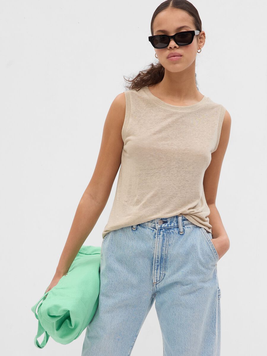 Linen blend tank top with round neck_0