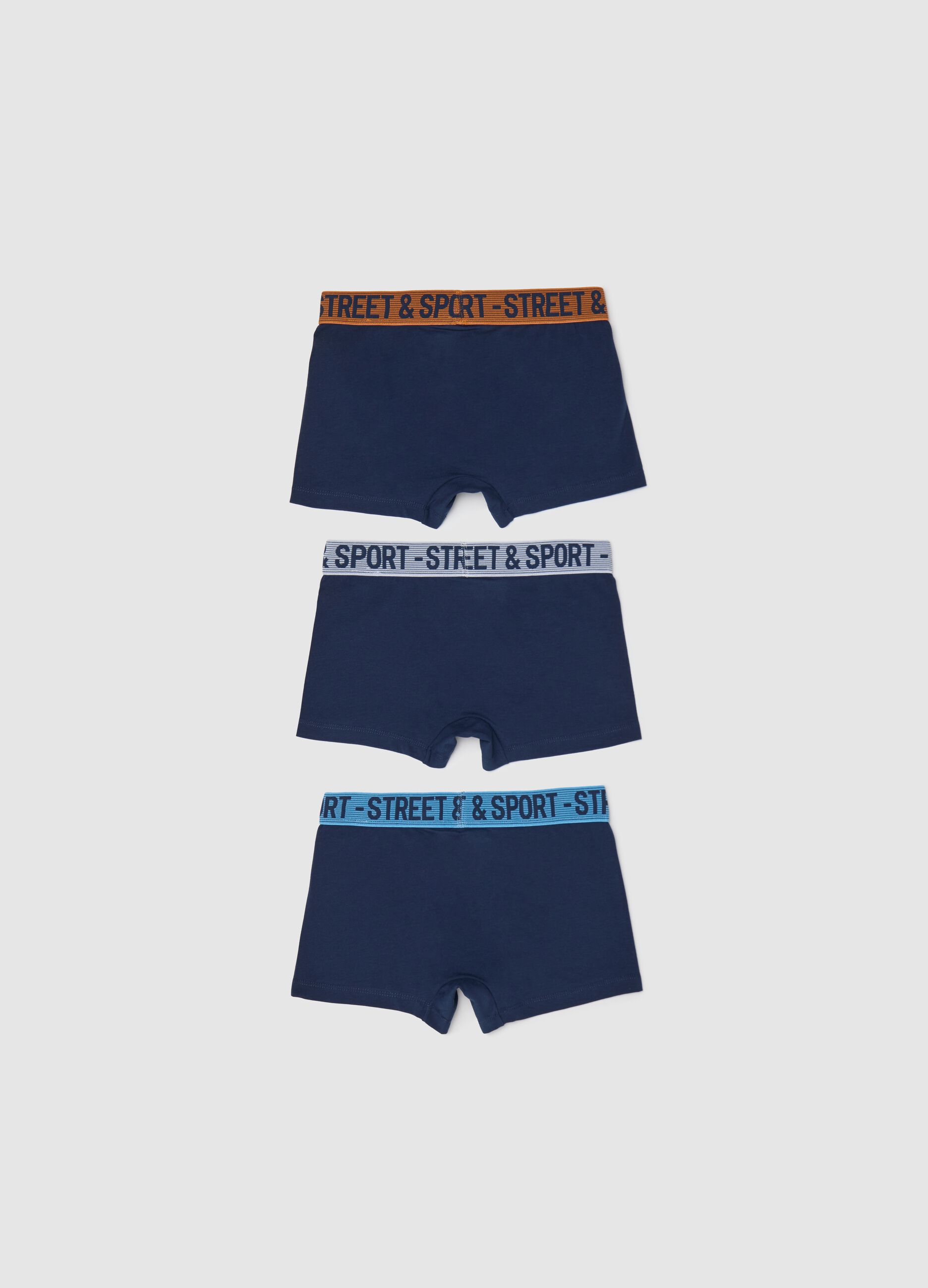 Three-pack blue boxer shorts in stretch cotton with lettering