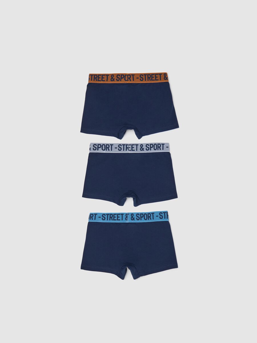 Three-pack blue boxer shorts in stretch cotton with lettering_1