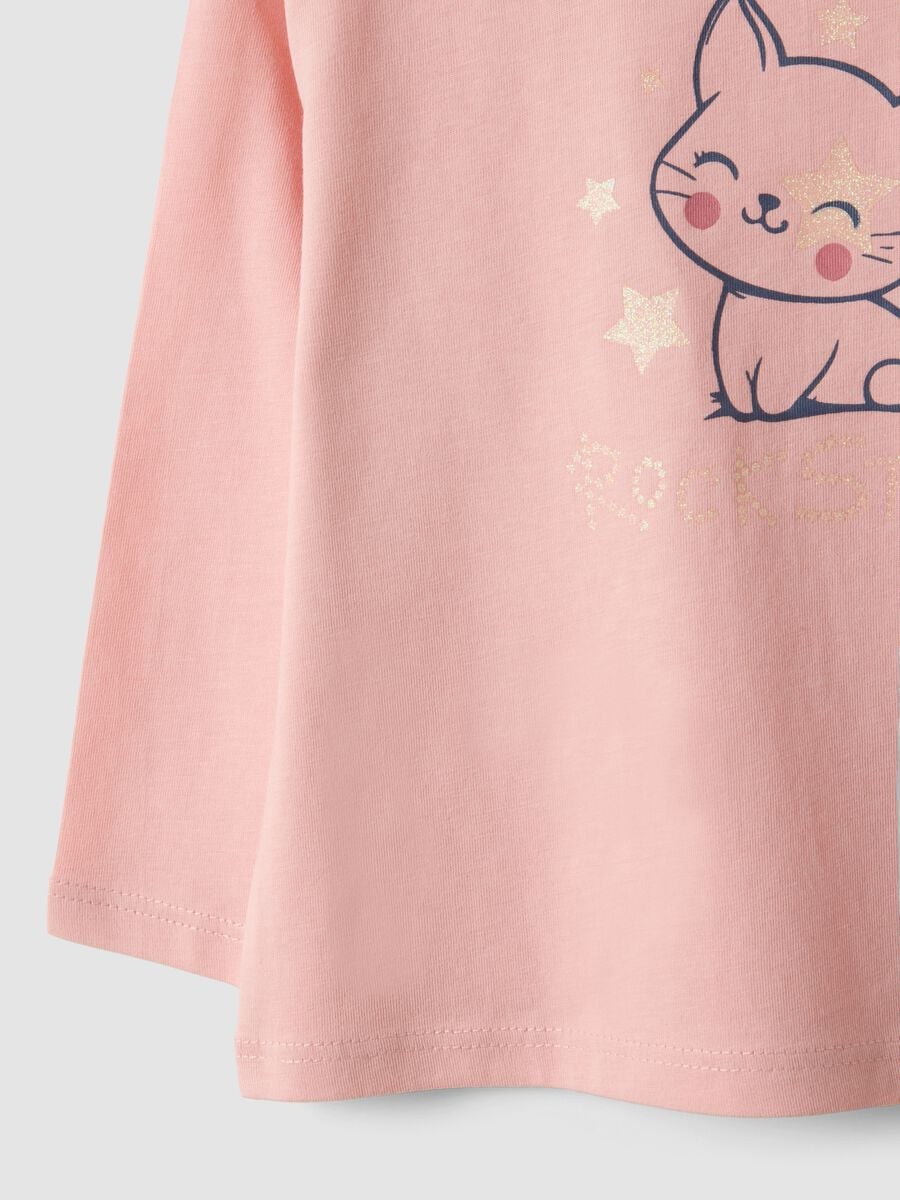 Maglietta rosa in puro cotone organico con stampa gattino per bimba_2