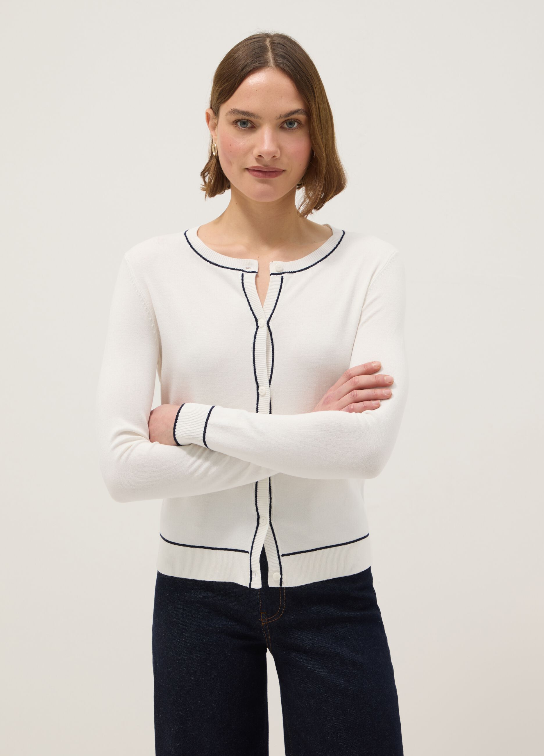 White viscose blend regular fit cardigan with buttons