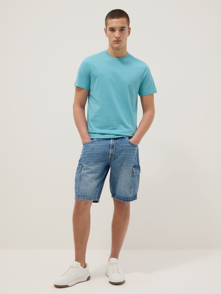 Short-sleeved pure cotton blue regular fit T-shirt_2