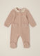 Pink knitted baby romper with floral collar_0